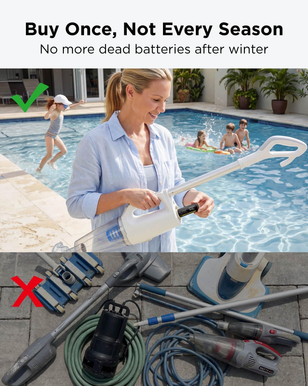 InoKraft 2-in-1 Cordless Handheld Pool Vacuum & Hot Tub Cleaner, Swap-On Replaceable Battery, High Suction for Above Ground Pools, Spa Vacuum with Stick Pump Drain Mode for Silt & Sand