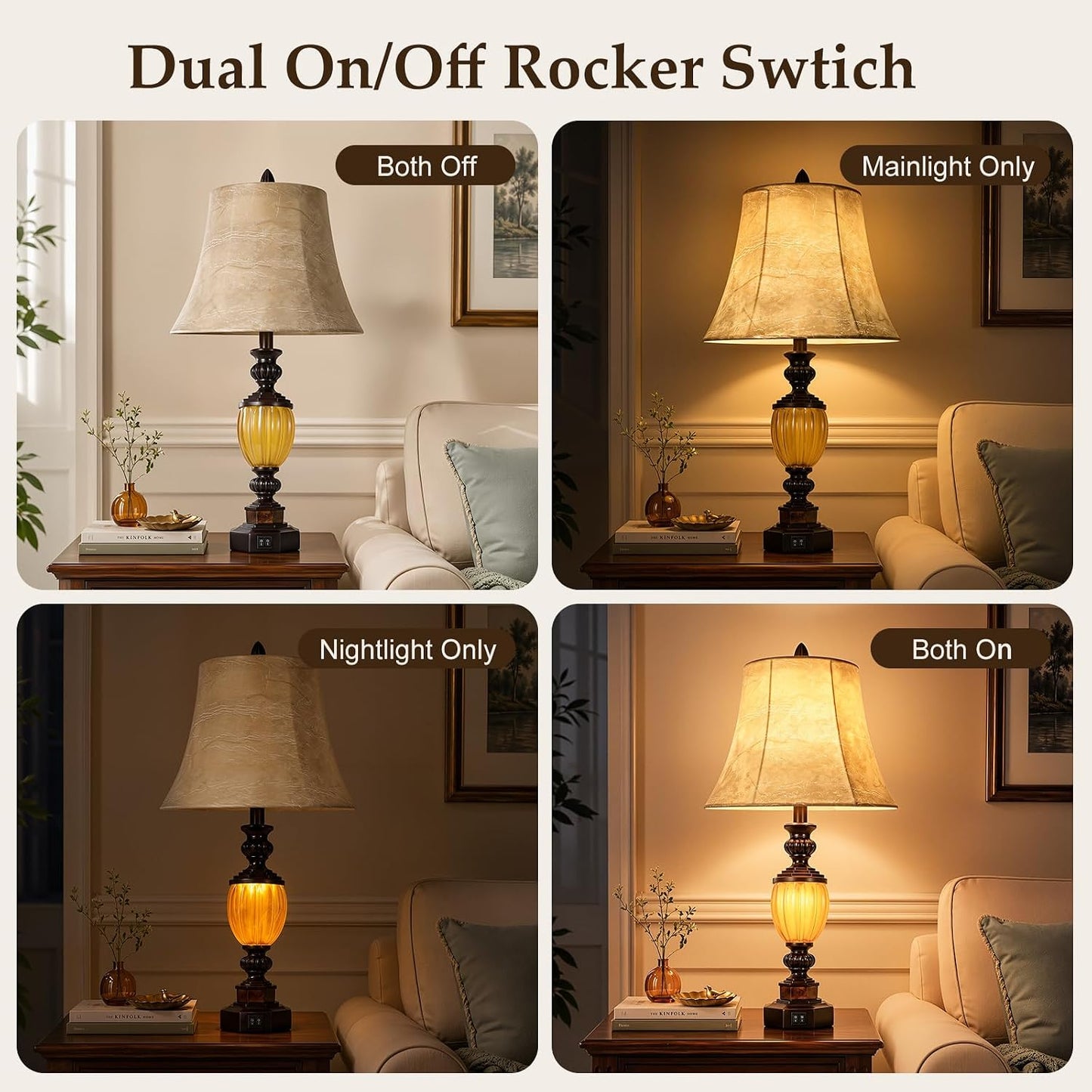 Scenekoy Resin Lamps for Nightstand, Table Lamp Set of 2 with Night Light