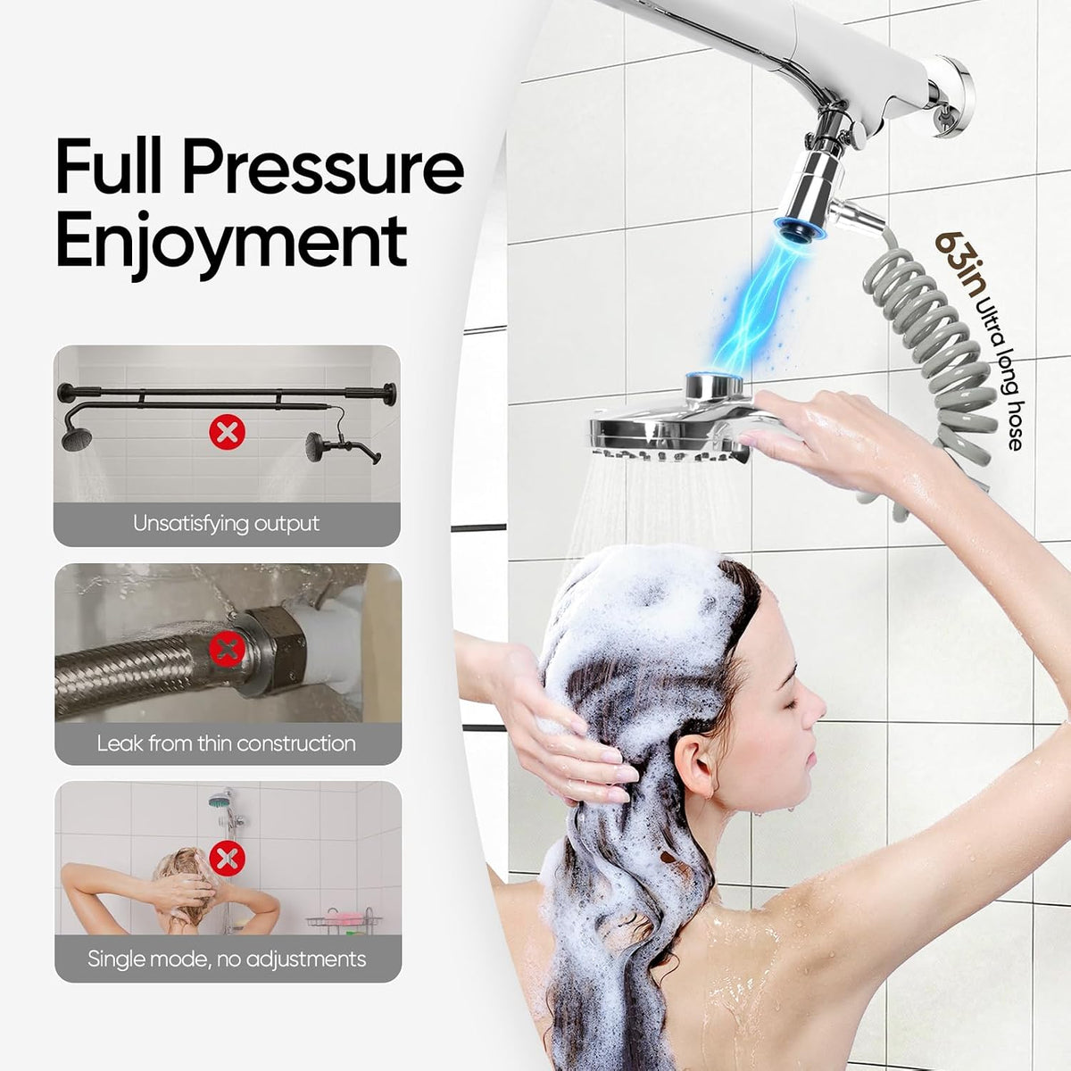 [Ondaqua] High Pressure Dual Shower Head for Couples 53-78" Adjustable Silver Chrome
