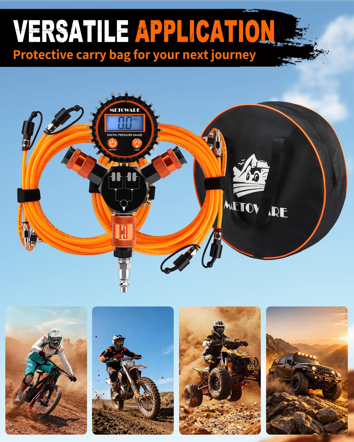 METOWARE 4 Tire Inflation & Deflation System with Digital Gauge, Air Up Down Kit for Truck SUV Off-Road, 4-Wheel Inflation All at Once, Fits Up to 255" Wheelbase, Leak-Free Design, Manual Bleed Valve