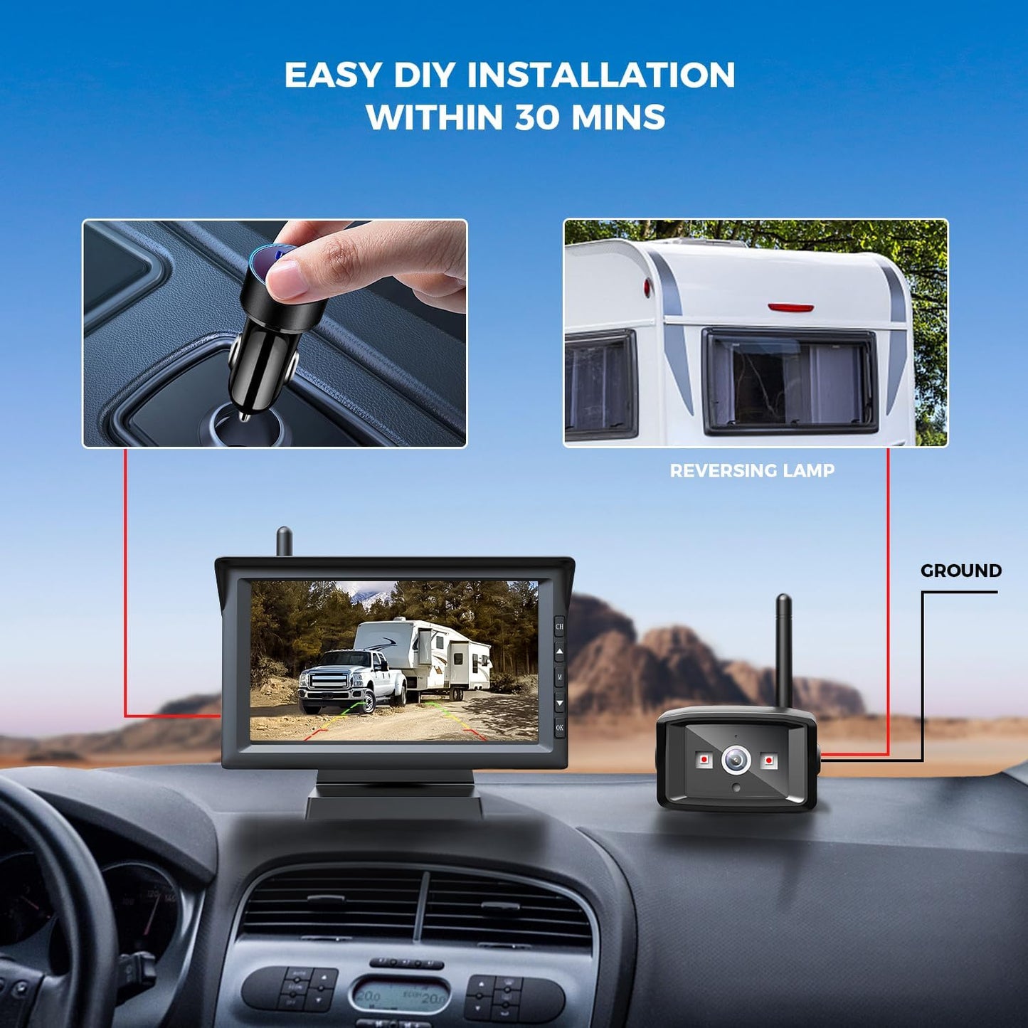 AUTO-VOX RV Backup Camera Wireless with 7' HD Split Screen Monitor, Infrared Night Vision Camera System high-Speed Observation, Hitch Trailer Backup