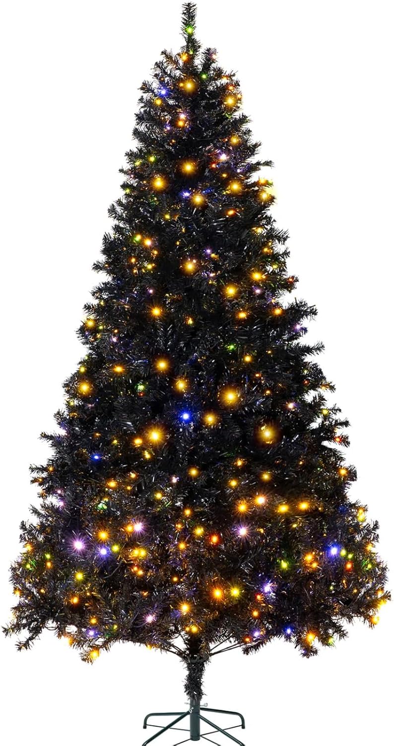 7.5FT Black Artificial Christmas Tree Prelit with 1600 PVC Branch Tips, 600 Lights & 9 Modes, Seasonal Holiday Party Decorations with Sturdy Metal