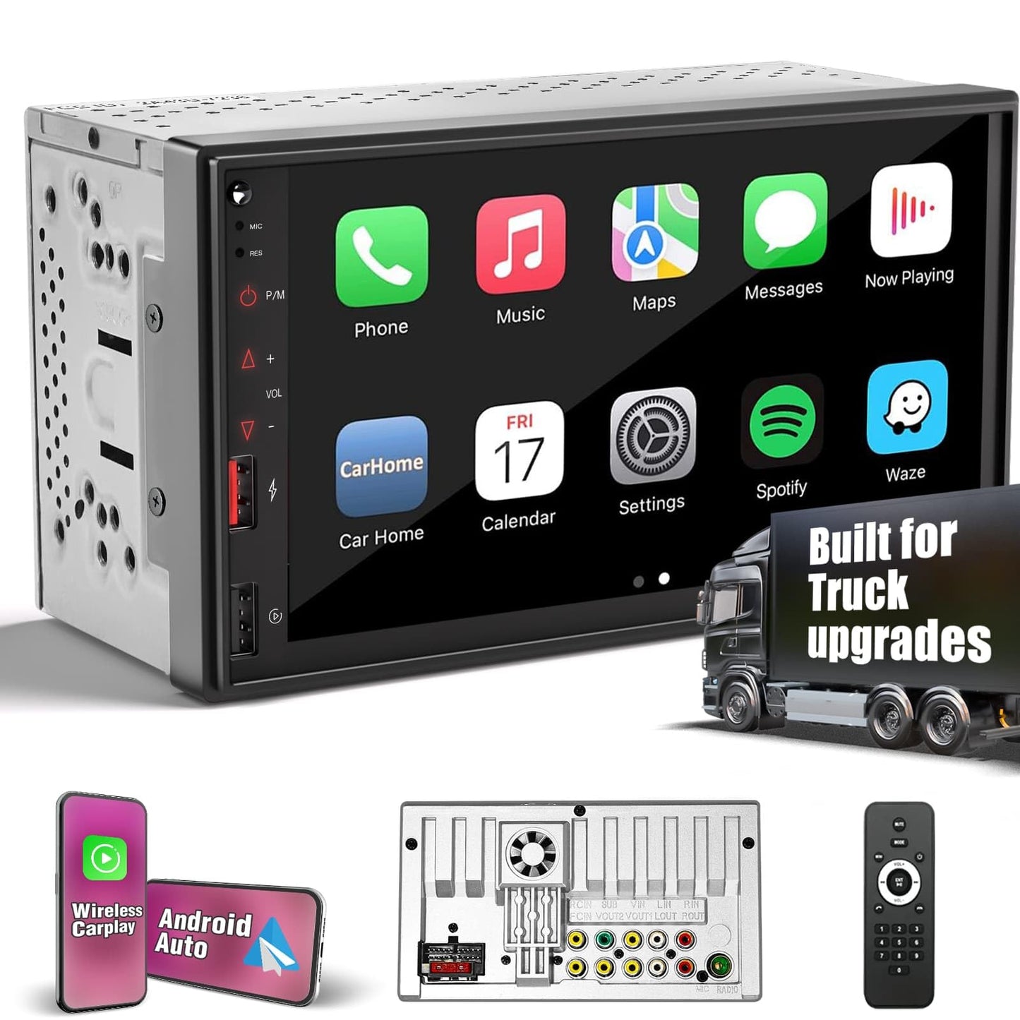 Radio for Truck, Double Din Car Stereo with Wireless Carplay & Android Auto, 7" Truck Radio Upgrade PD/QC 3.0 Fast Charging/16~36V/Bluetooth 5.1/AM/FM/DSP/SUB/SWC