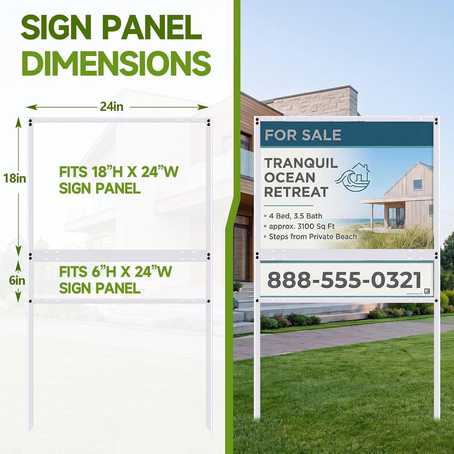 Shimeyao 4 Pcs 24"x18" Real Estate Sign Metal H frame with Rider Slide-in Real Estate Sign Holder H Frame Yard Steel Stakes, White