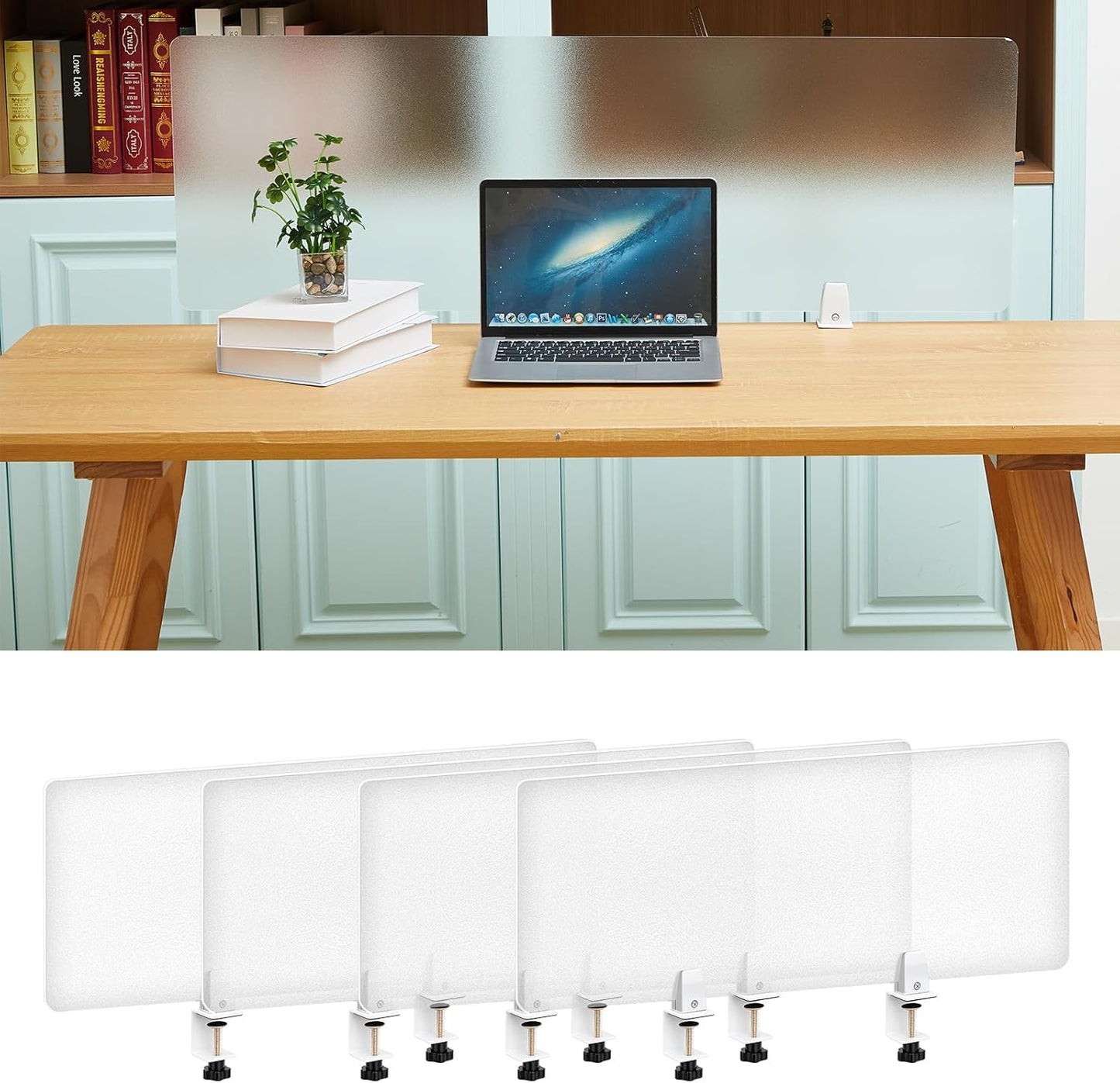 Tatuo 4 Pcs 47.2'' L x 15.8'' W Desk Privacy Panel Frosted Acrylic Office Desk Divider Partition with Adjustable Universal Base for Offices Schools Reception Area Call Centers