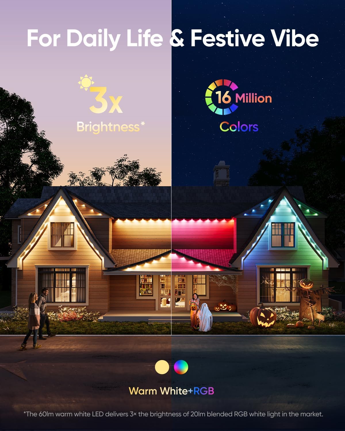 eufy Permanent Outdoor Lights E120, 50ft with 30 Dual-LED RGB and Warm White Eave Lights, IP67 Waterproof, App Control, AI Light Design, Endless Themes for Eas