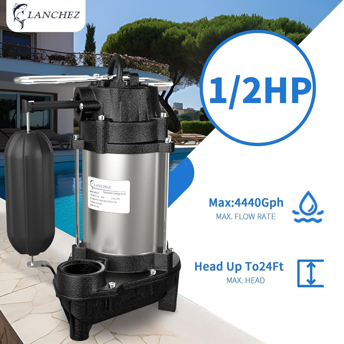 1/2HP Cast Iron and Stainless Steel Sump Pump with Vertical Float Wwitch, 115V 4440 GPH Submersible Sewage/Effluent Pump, H