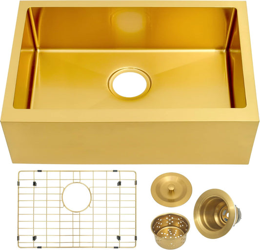 MILOSEN Undermount Gold RV Kitchen Sink, Stainless Steel Farmhouse Apronfront Kitchen Sink, Small Single bowl Apron Sink, 2316 inch Kitchen RV Sink,