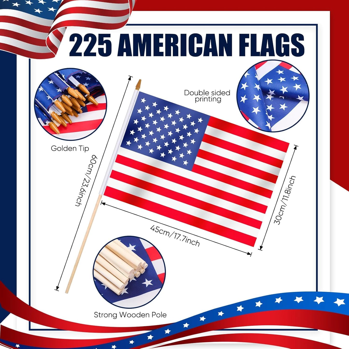 American Flags on Stick 225 Pcs 11.5 x 18 Inch American Hand Held US Stick Flags