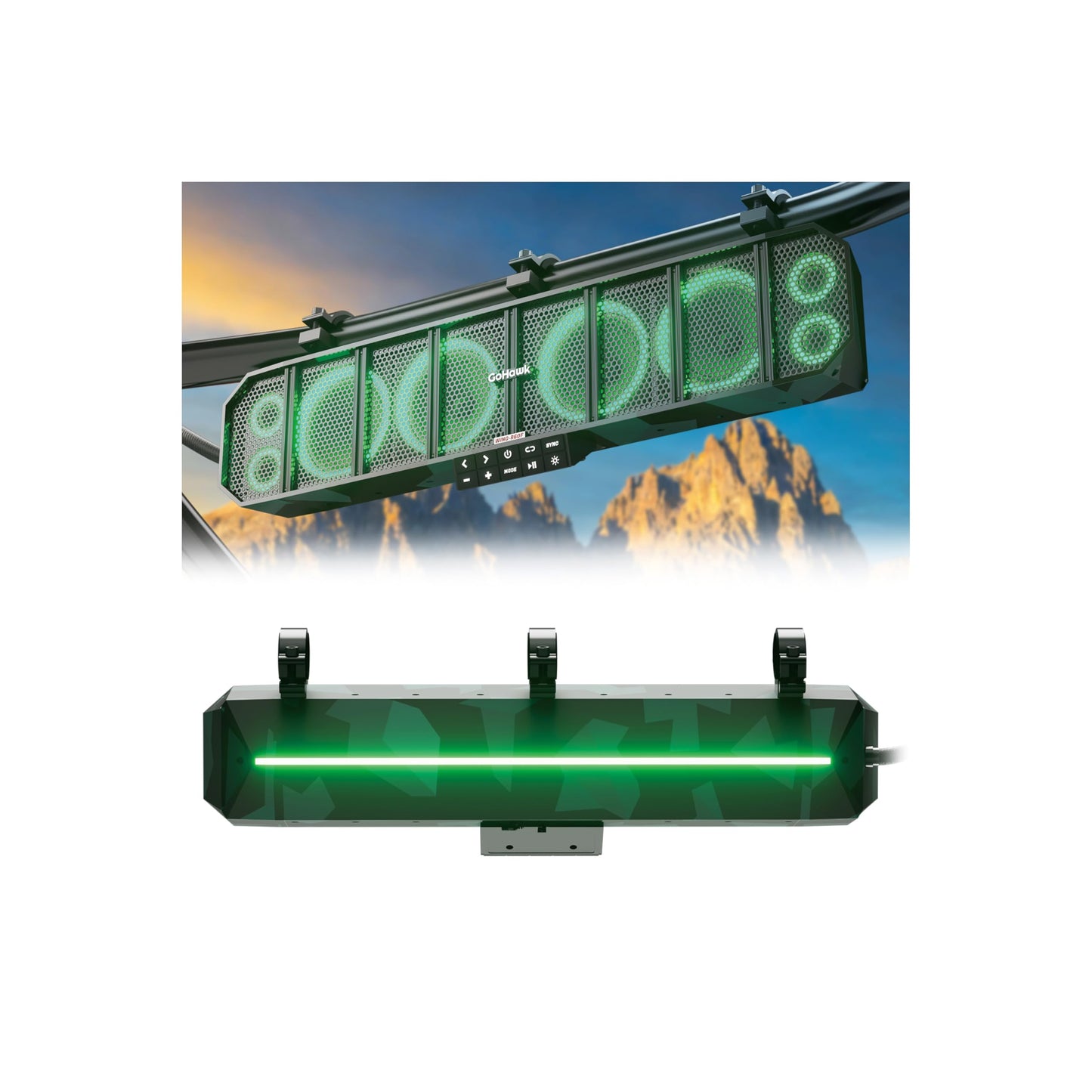 GoHawk 25" UTV Sound Bar with Subwoofer, 8-Speaker SXS SoundBar with Bluetooth and RGB Lighting, Waterproof ATV & Golf Cart Speakers, Compatible with Polaris RZR Can-Am X3 Defender Marine w/FM Radio