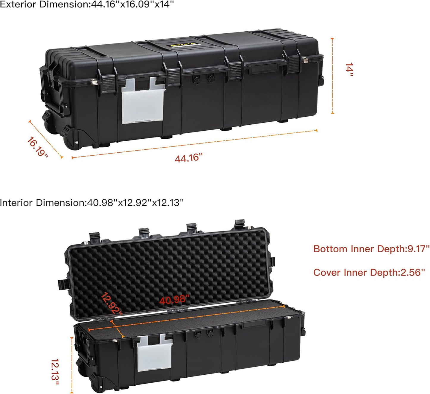 Portable Rolling Waterproof All Weather Rifle Hard Case with Wheels,Soft Handle Grip,Customizable Fit Foam Inserted,44.16' X 16.09' X 14'