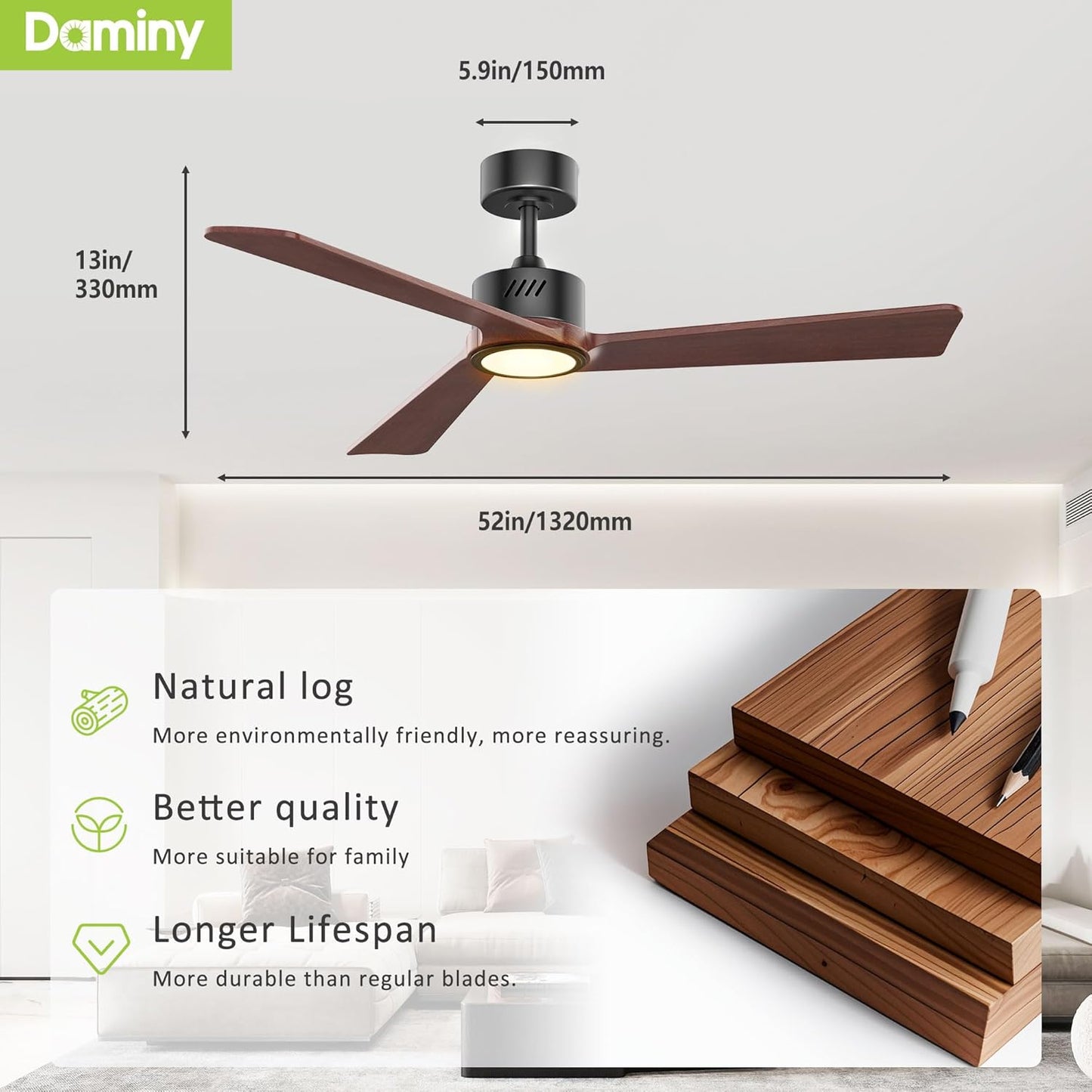 Walnut Wood 52 inch Ceiling Fan with Light, 3 Blade Ceiling Fan with Light, Downrods, 6CCT, Black Low Profile Ceiling F