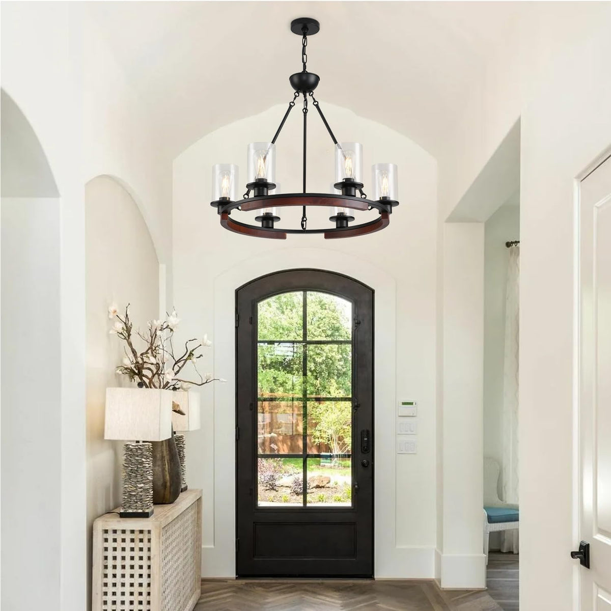 28 Inch Wagon Wheel Chandelier, 6-Light Round Farmhouse Chandeliers Wood Large Dining Room Pendant Light Fixture with