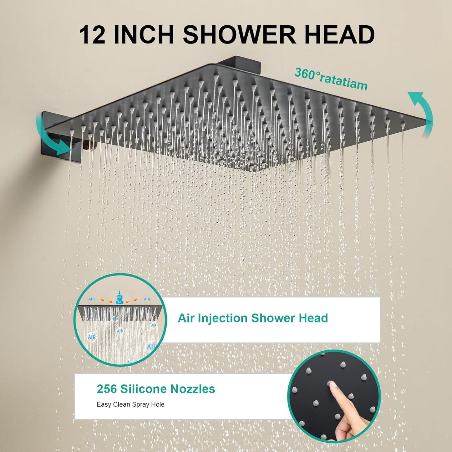 YSNOL Shower System Matte Black Shower Faucet with Square 12 Inch Rainfall Shower Head and Handheld Spray Combo, High Pressure Bathroom Shower Fixture