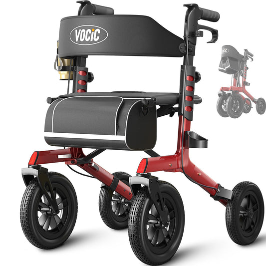 VOCIC Walker with Seat for Seniors, Z57 Outdoor Rollator Walker with 12" All Terrain Big Wheels
