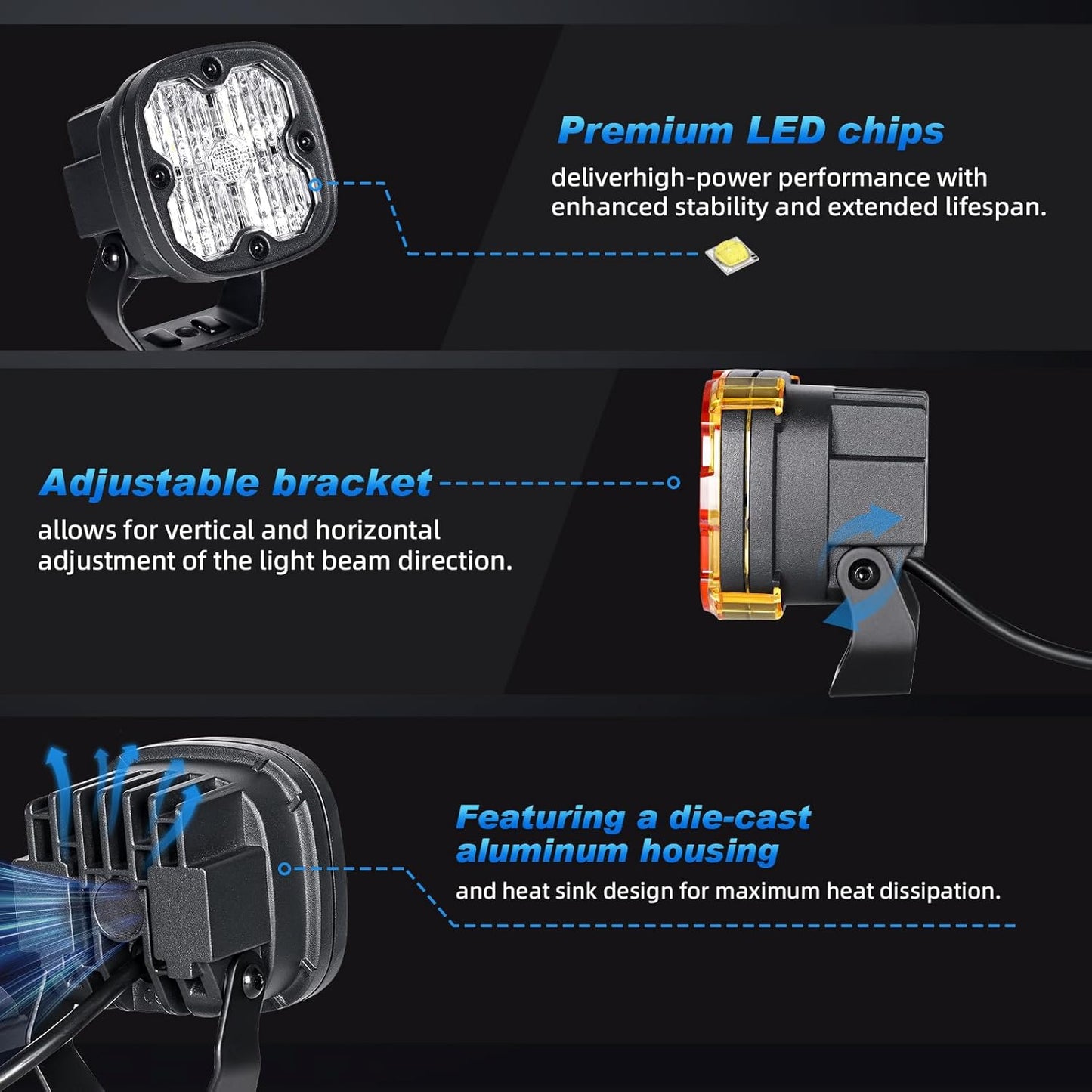 3 Inch LED Ditch Lights for 2014-2019 Silverado 1500, with A-Pillar Brackets Wiring Harness Combo Kits, 40W Spot Flood Offroad LED Lights Bar Pods White Yellow Lihgt, Pair C| Ditch Lights | 2014-2019 Silverado 1500
