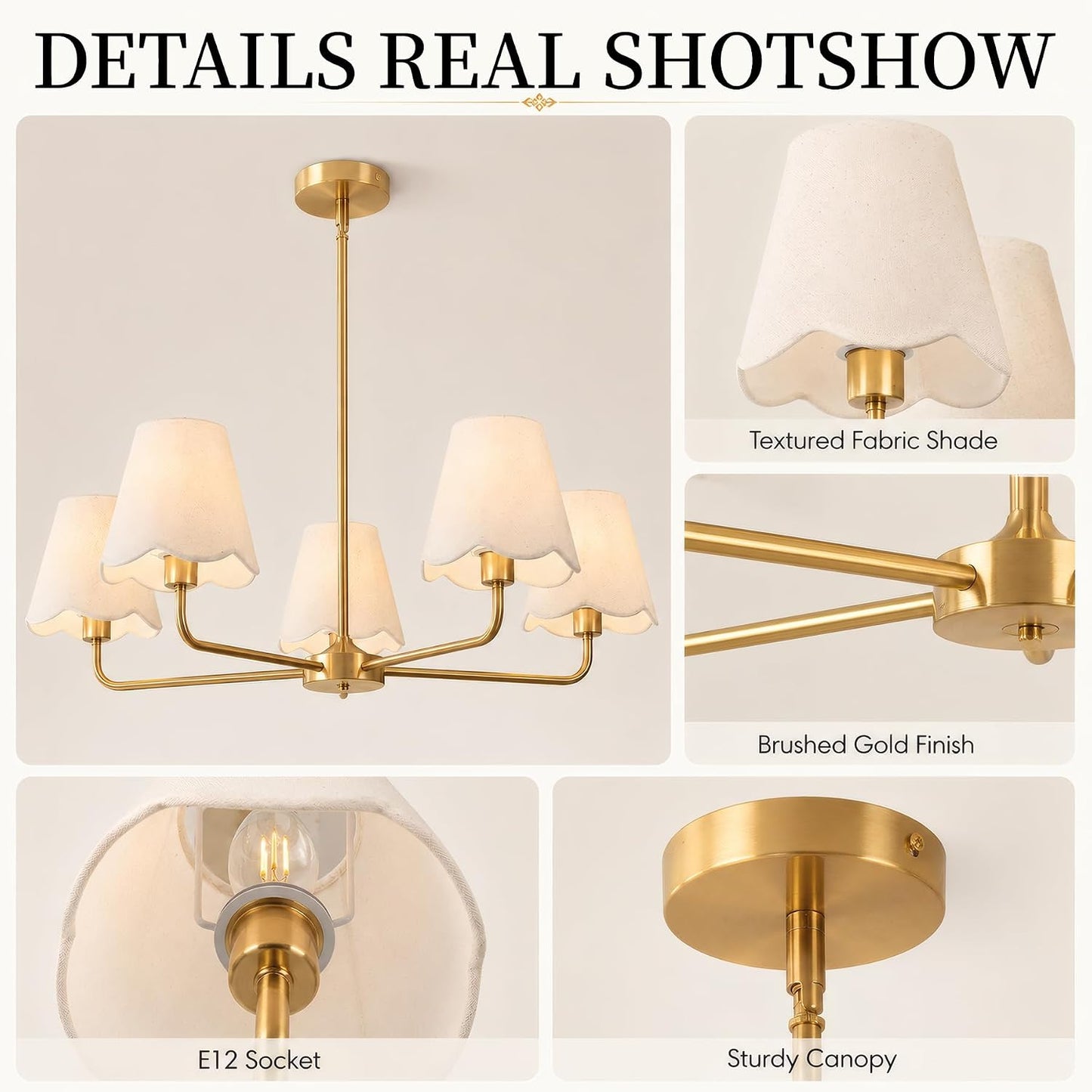 Fandian Brass Gold Chandeliers for Dining Room, 5 Light Antique Modern Chandelier Light Fixture with White Fabric Shade, Classic Kitchen Pendant Lights Over Table for Living Room Bedroom Foyer