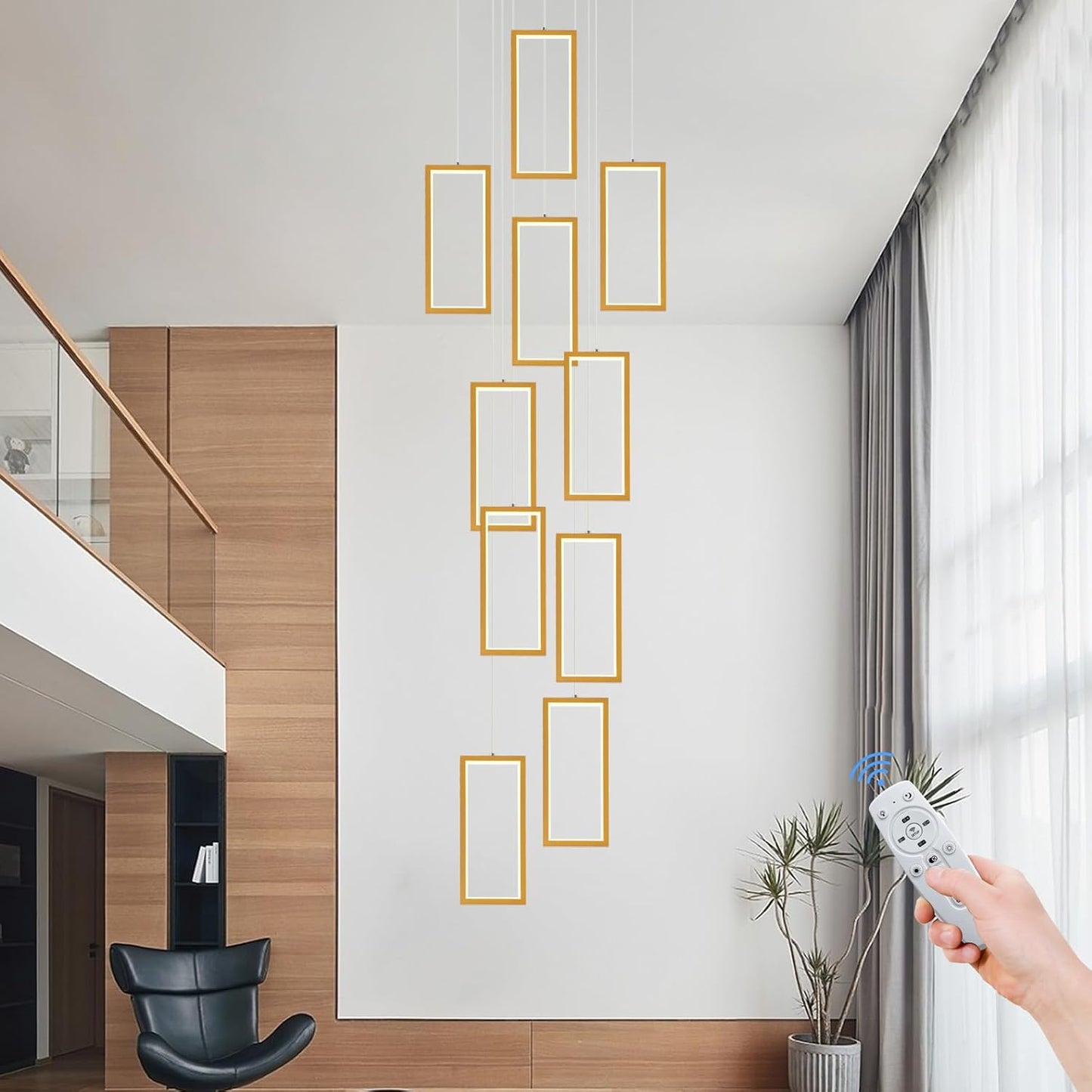 Modern LED Chandelier 10 Rings Rectangle Chandelier Dimmable With Remote Control Gold Pendant Light 120in Adjustable Height Long Staircase