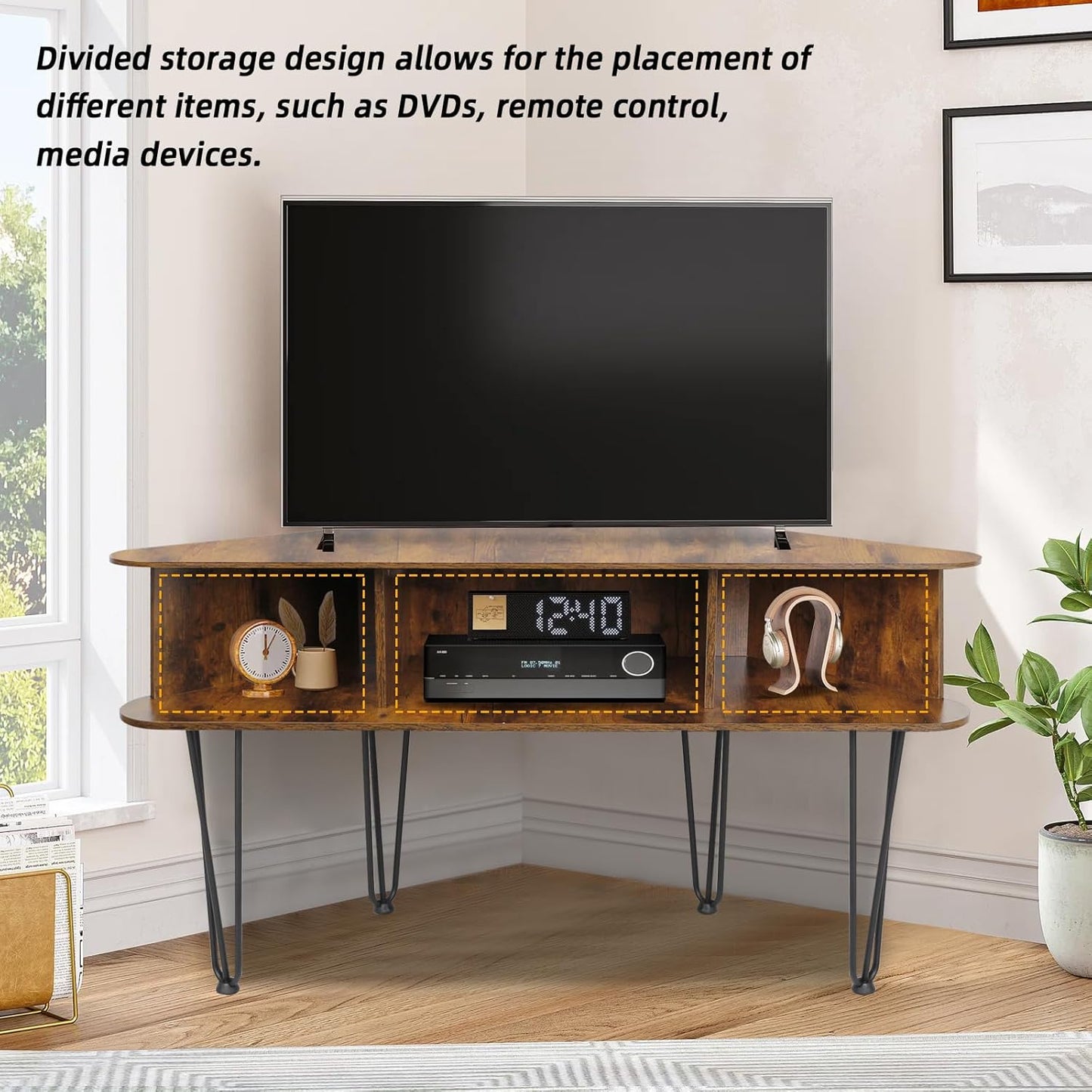 Corner TV Stand with 3 Open Divided Storage, Corner TV Console with Metal Feet and Anti-Slip Pads, Corner Entertain