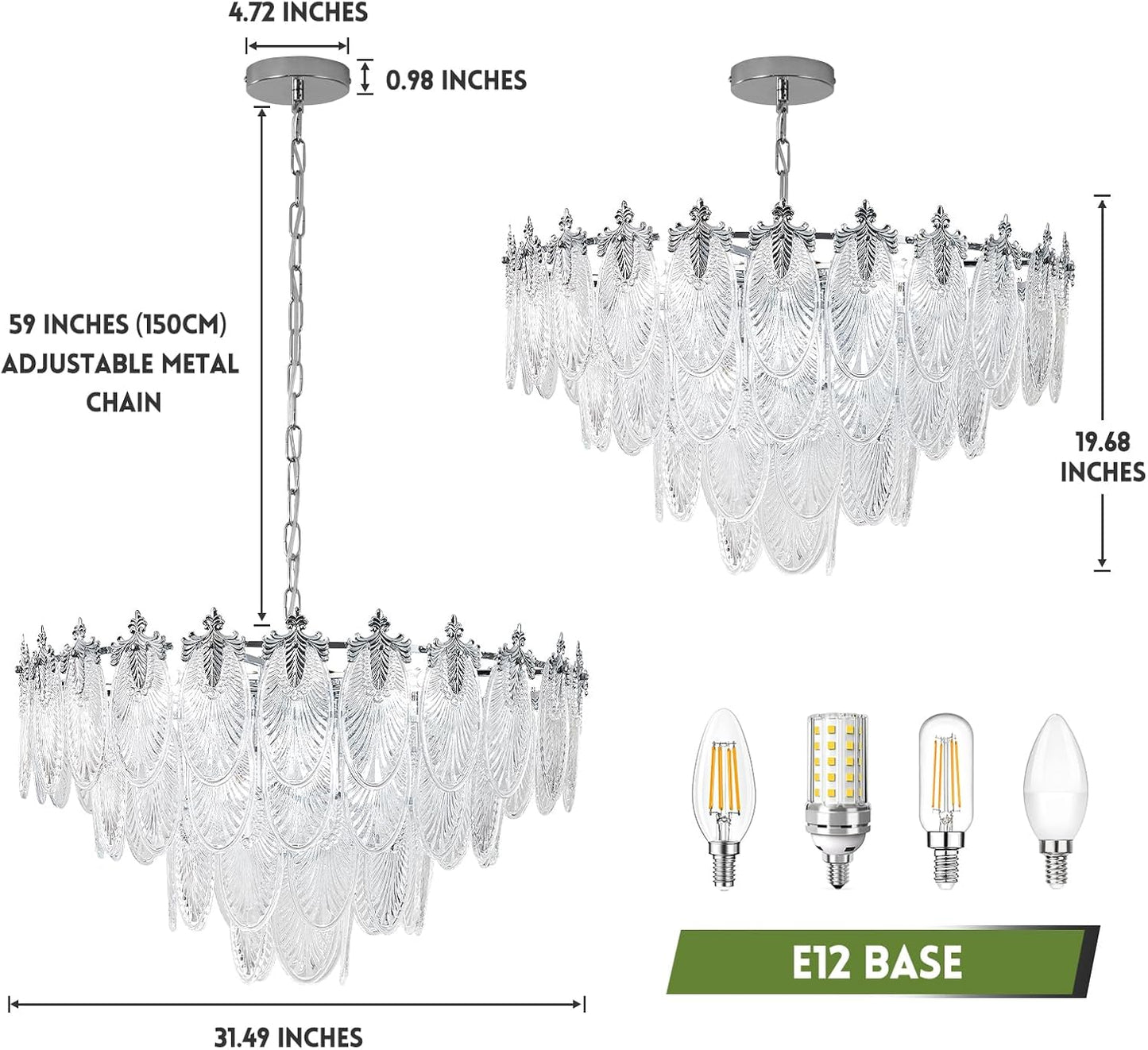 KELUOLY Modern Large Chandeliers, 4-Layer Chrome Crystal Glass Chandelier, 12 Light Round Antique Pendant Light, 31.5 inches Adjustable