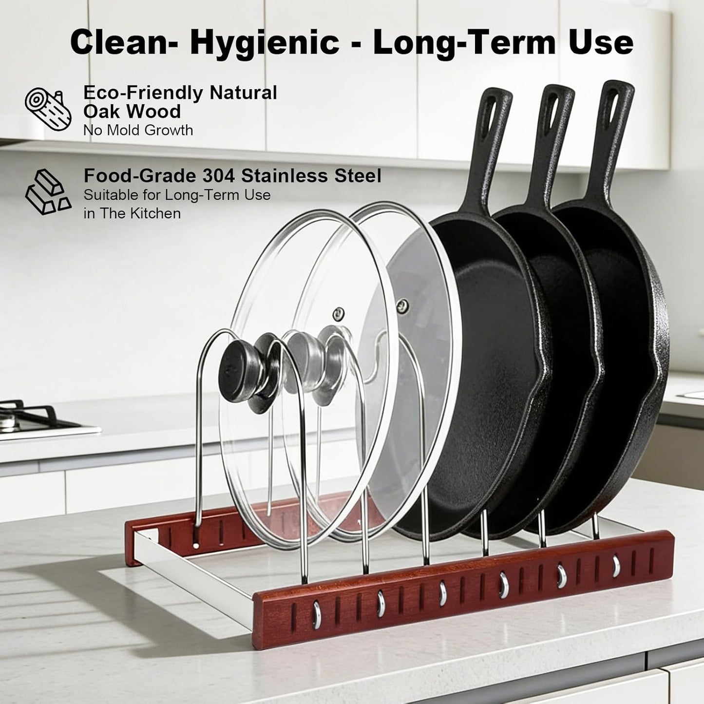 Kitchen Cabinet Organizer - Space-Saving Cutting Board Holder W Oak Base & Self-Adaptive Flexible Design for Tray, Baking Sheet, Cutting Board, Cookware, Skillets - Pot Lid & Pan Organizer Storage