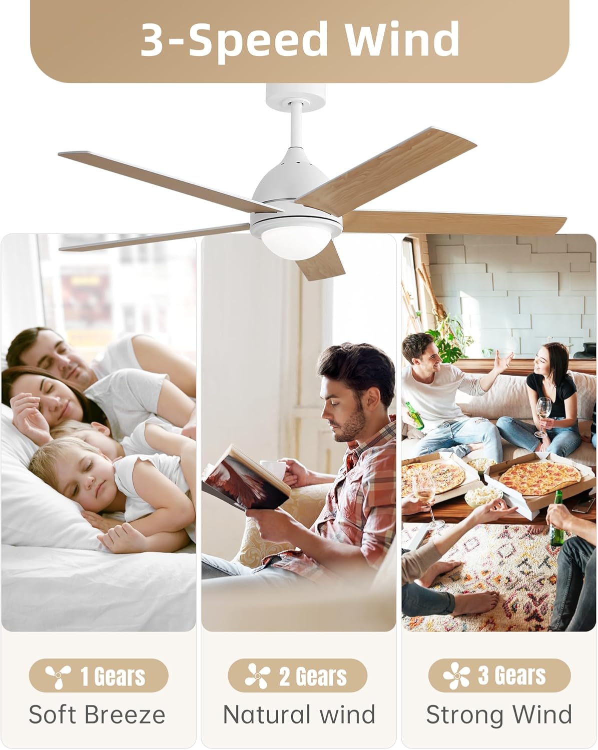 52 Inch Ceiling Fan with Light, Flush Mount Ceiling Fans with Wall Remote, 5 Double-sided Wood Blades, Noiseless AC Motor
