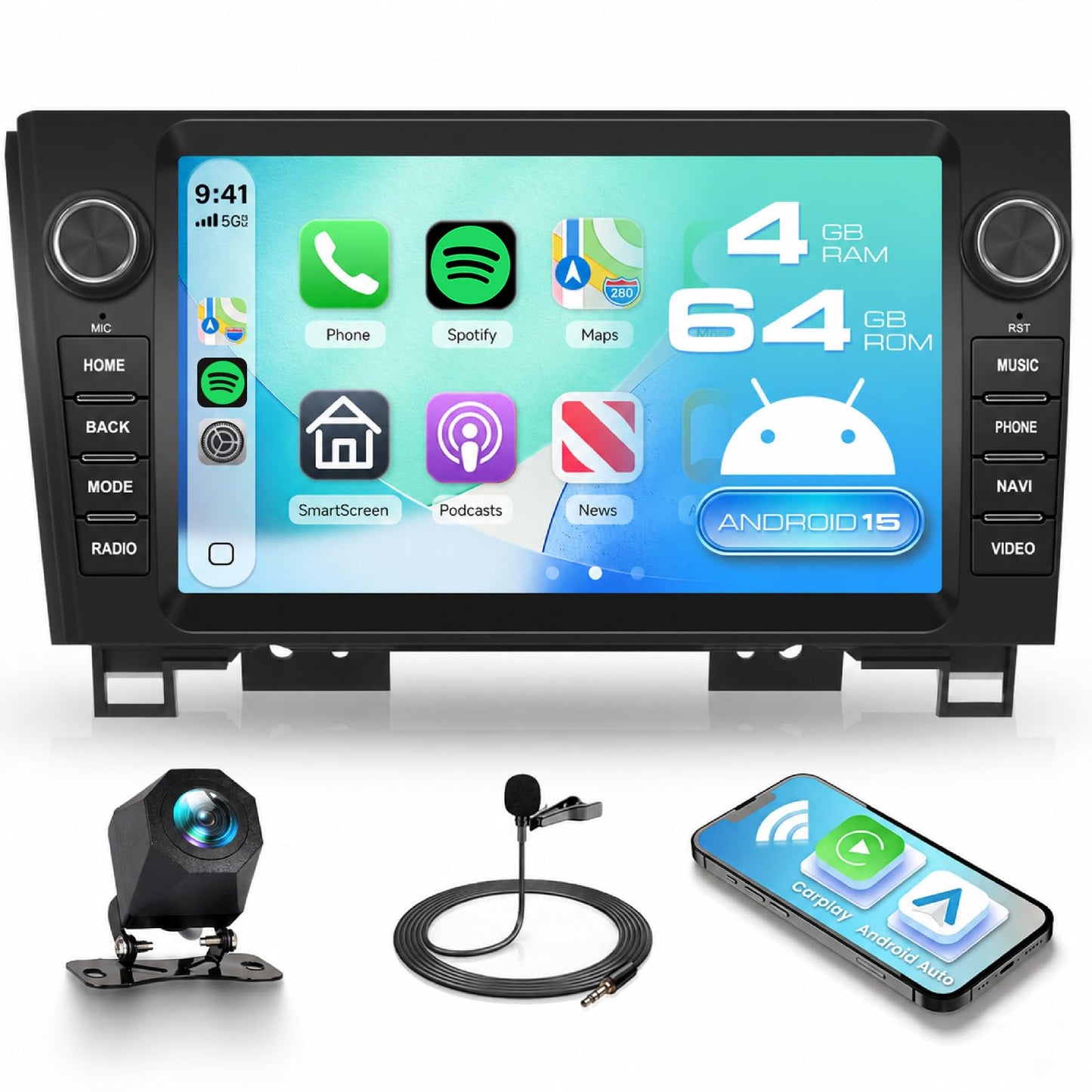 [4+64GB] Car Stereo for Toyota Sequoia 2008-2013/Tundra 2007-2013 | 9-Inch Touchscreen Radio with Wireless CarPlay Android Auto, Android 15 Head Unit, Bluetooth GPS WiFi Backup Camera Included