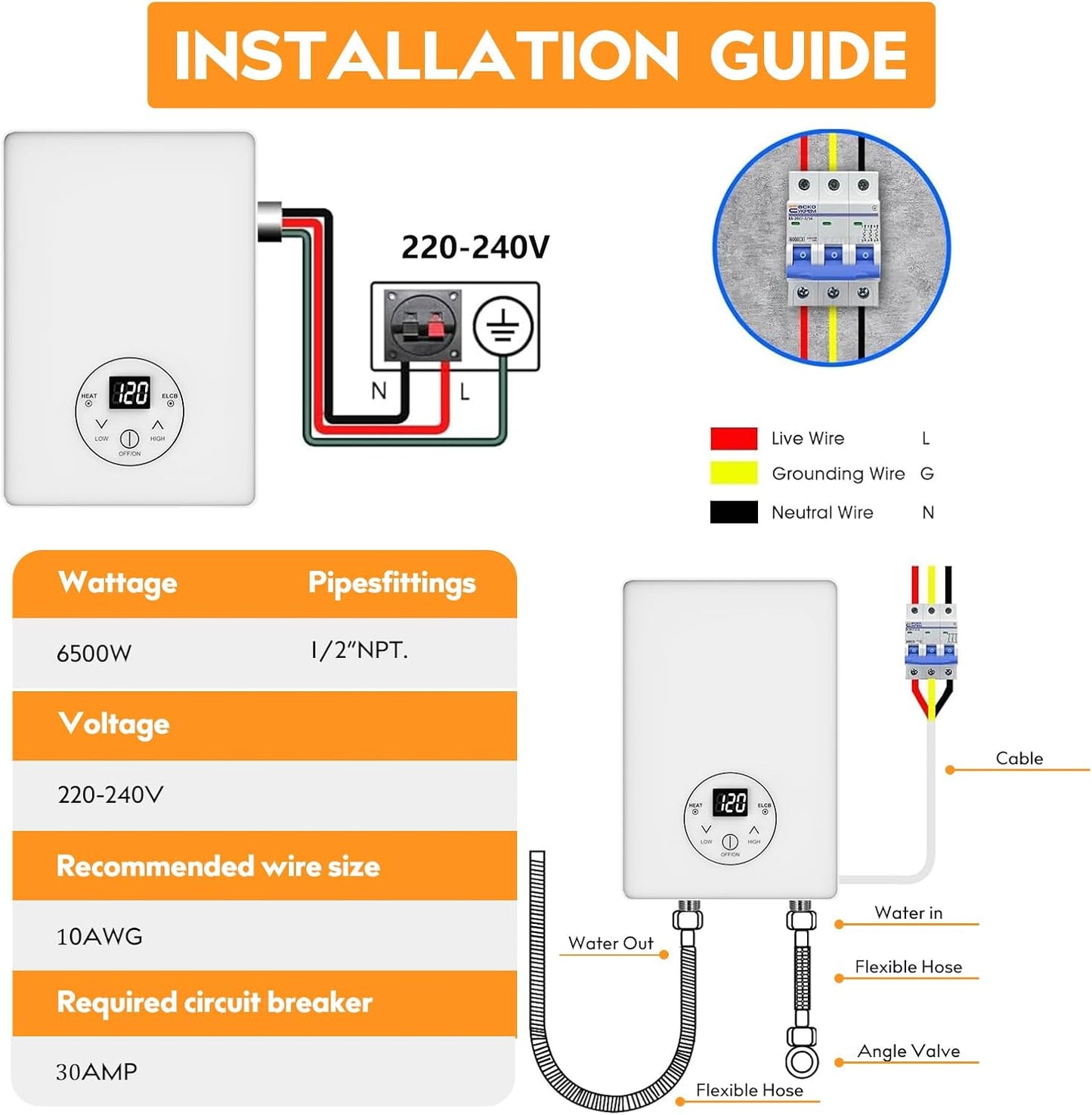 Antuony 6500W Tankless Electric Water Heater,240V Under Sink On Demand Instant Hot Water Heater With Remote Control,LCD Touch Screen tankless Water