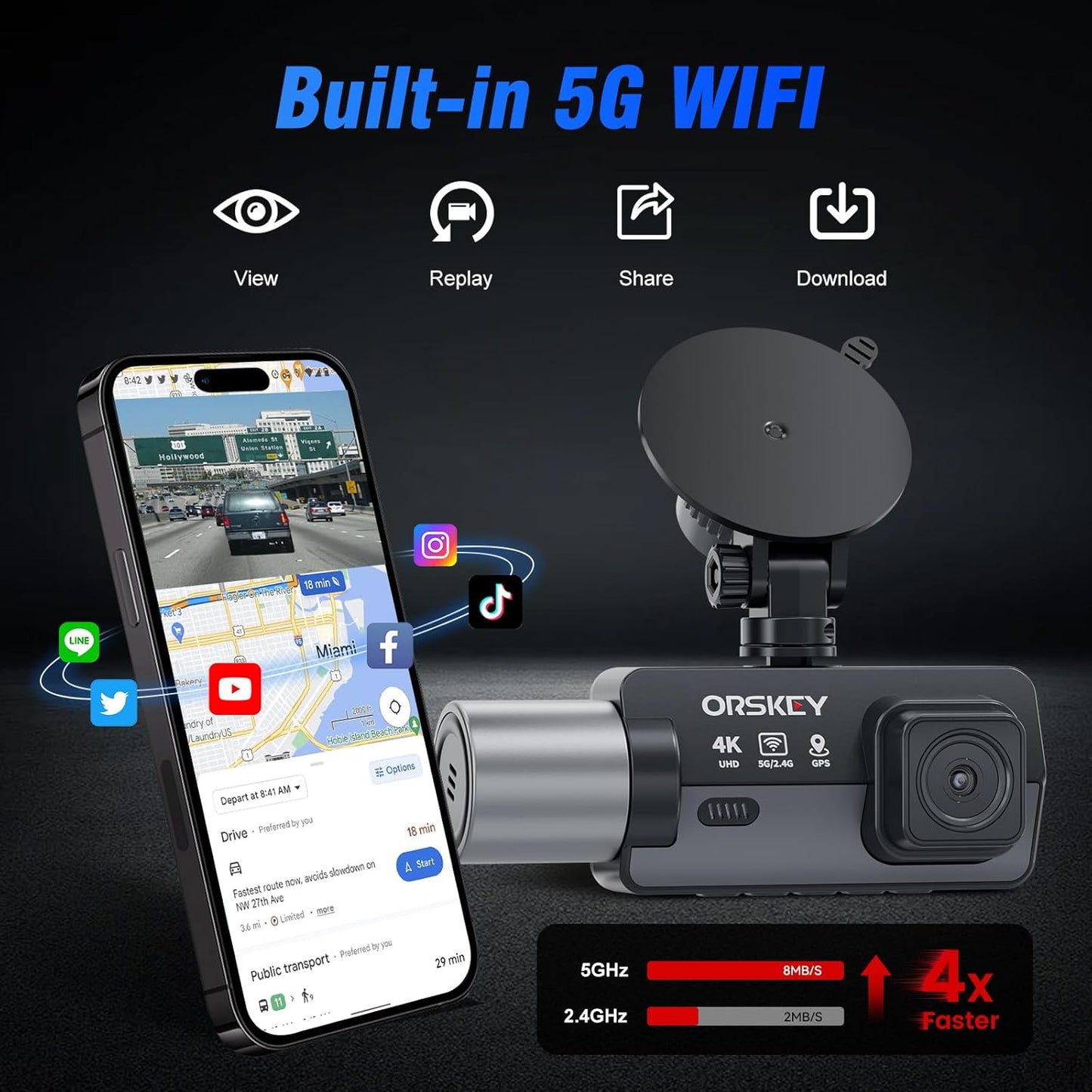 4K 3 Channel Dash Cam 5G WiFi Built-in GPS with 64GB Card,2160P+1080P+1080P Front and Rear Inside Loop Recording