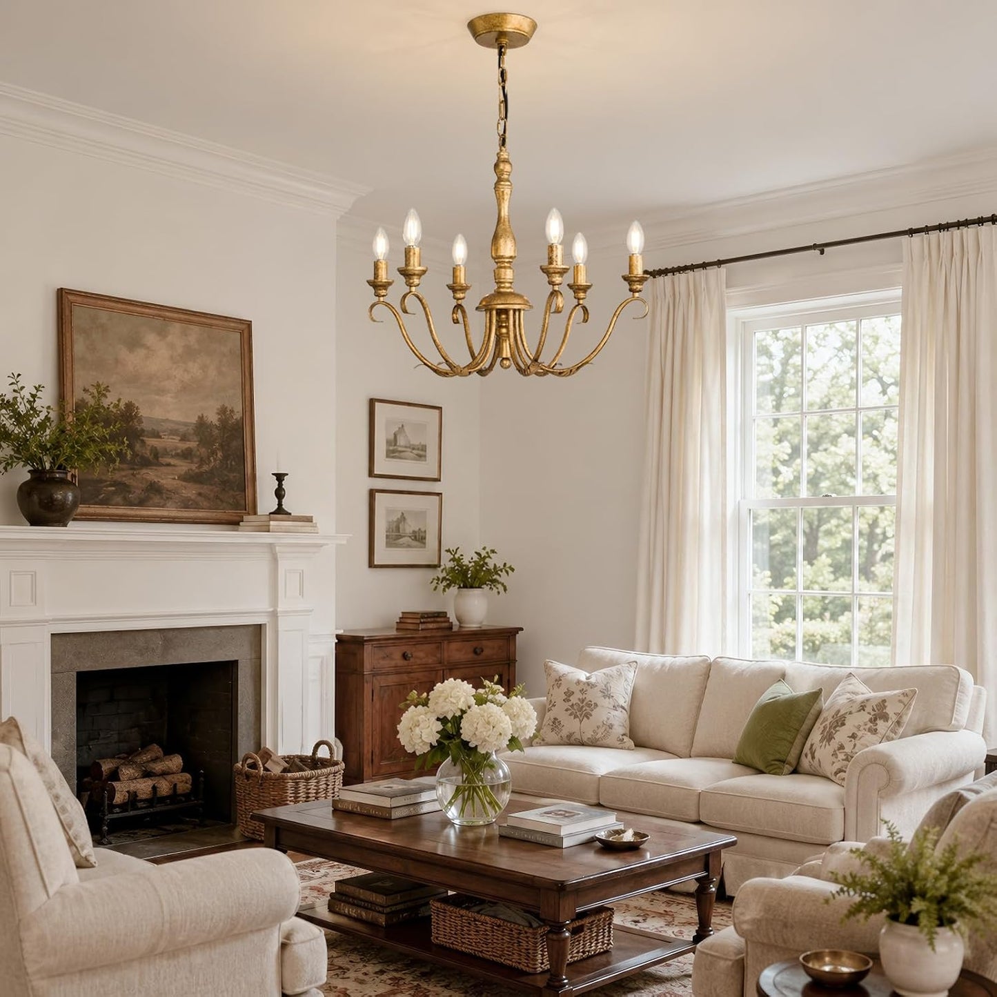 Farmhouse Vintage Antique Brass Chandelier - 6 Light Cottage Rustic Candle Chandeliers - Adjustable Chain Distressed Gold Pendant Lighting Fixture for Dining Room Living Room Kitchen Bedroom Entryway