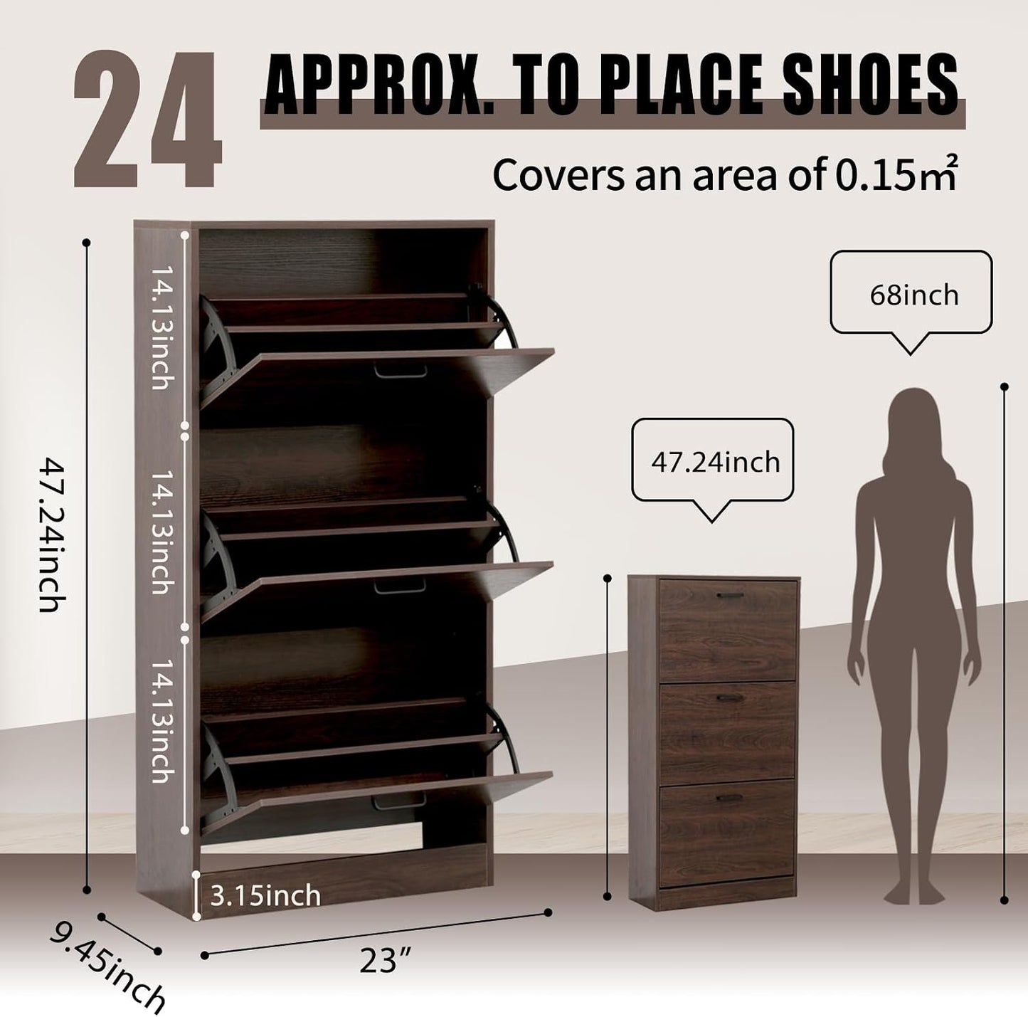 Shoe Storage Cabinet with 3 Flip Drawers, Freestanding Storage Racks for Entryway Hidden Narrow Shoe Organizers Perfect for Heels, Boots, Slippers, Walnut Brown