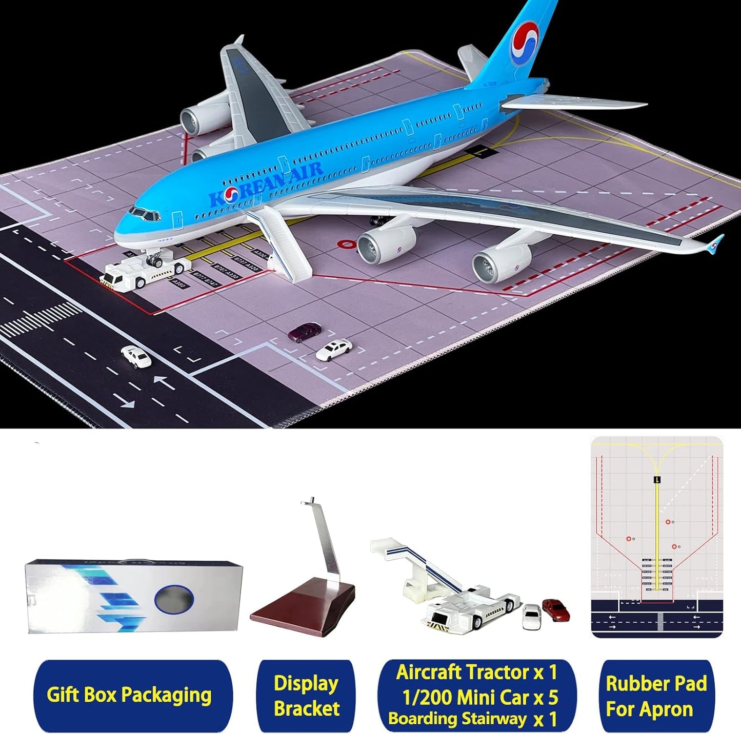 1:160 Scale Korean A380 Airplane Model, Korean A380 Model 17.2 Inches Length, with LED Lights, Highly Simulated Resin Material, Free Airport Scene