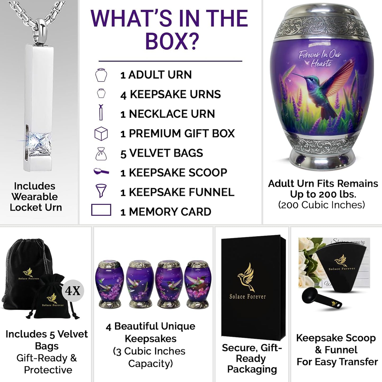 Small Urns for Human Ashes Adult Female Set of 6 - Hummingbird Urns for Ashes for Women - Purple Mini Urns for Sharing Ashes - Honor Loved Ones with Love and Grace