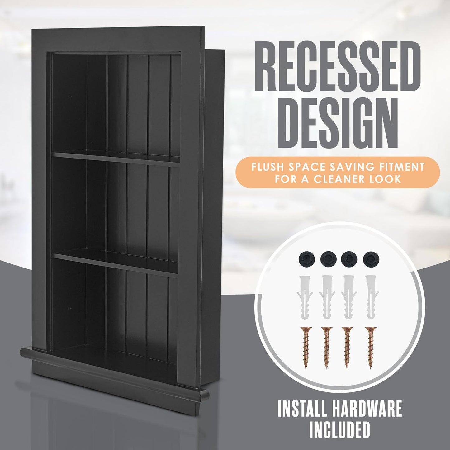 Recessed Medicine Cabinet, Wall Niche, In Shelves, Shelf Insert, 14&#34;W x 24&#34;H ID, 17&#34;W x 27&#34;H OD, 3 Tier, Black, Wood, Shallow Drywall