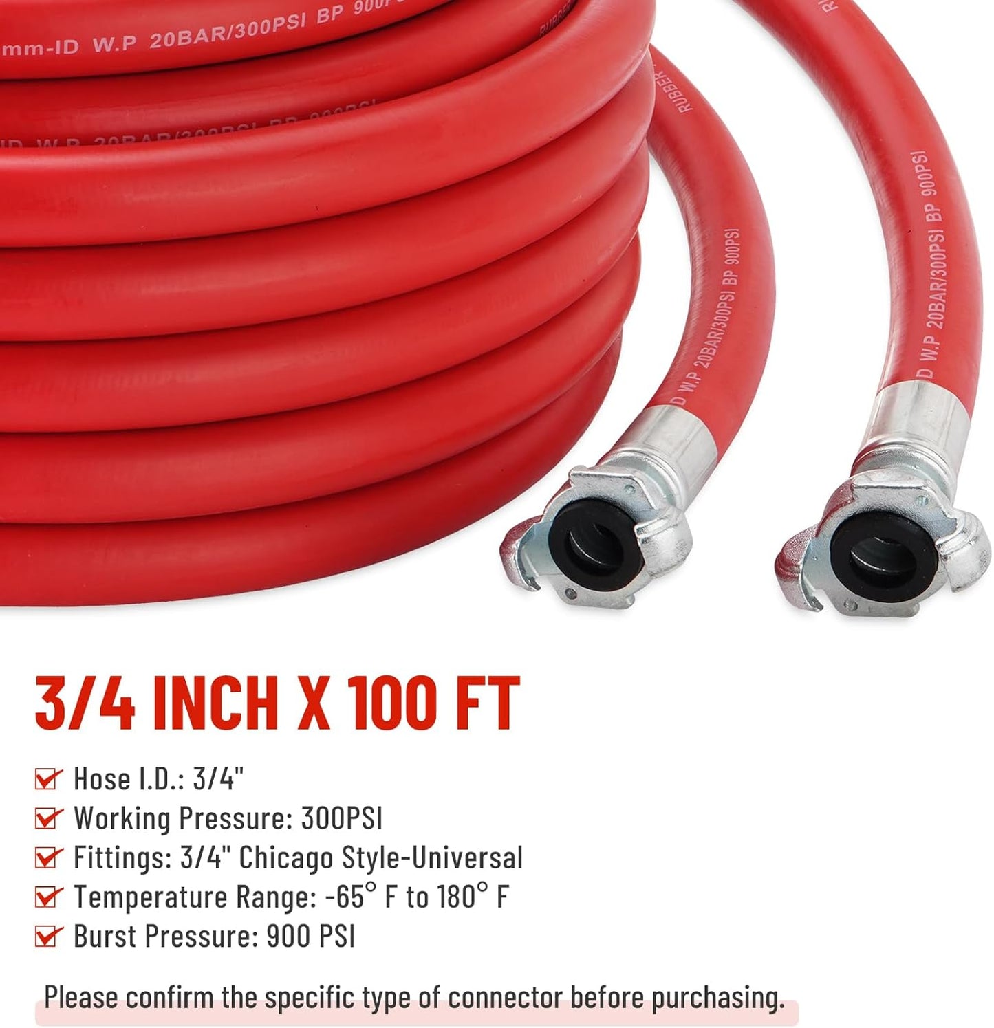 3/4 Inch x 100 FT Red Jackhammer Air Hose with Male NPT Nipple and Female NPT Air Hose Fitting, Air Tools