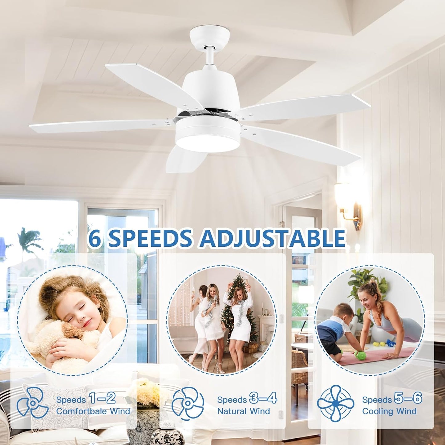 Ceiling Fan with Lights, 52 Inch White Ceiling Fan with Remote, Dimmable LED Light, Quiet Reversible Motor, 5 Blades Modern Ceiling Fan for Bedroom