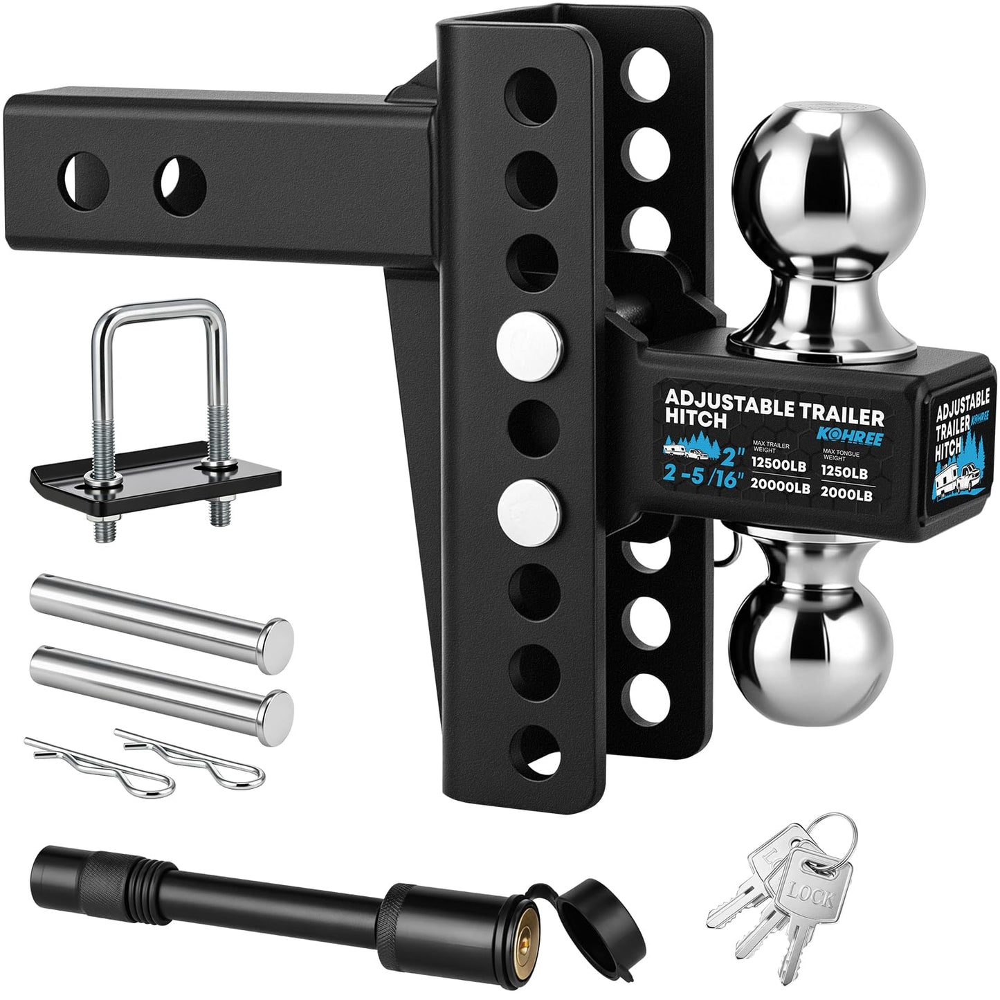 Kohree Adjustable Trailer Hitch for 2-Inch Receiver, 22,000 LBS GTW, 6-Inch Drop/Rise Hitch with 2" & 2-5/16" Balls, Anti-Rattle Tow Hitch, Anti-Theft Pin, Heavy Duty G80 Steel Ball Mount, Black