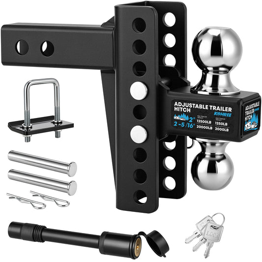 Kohree Adjustable Trailer Hitch for 2-Inch Receiver, 22,000 LBS GTW, 6-Inch Drop/Rise Hitch with 2" & 2-5/16" Balls, Anti-Rattle Tow Hitch, Anti-Theft Pin, Heavy Duty G80 Steel Ball Mount, Black