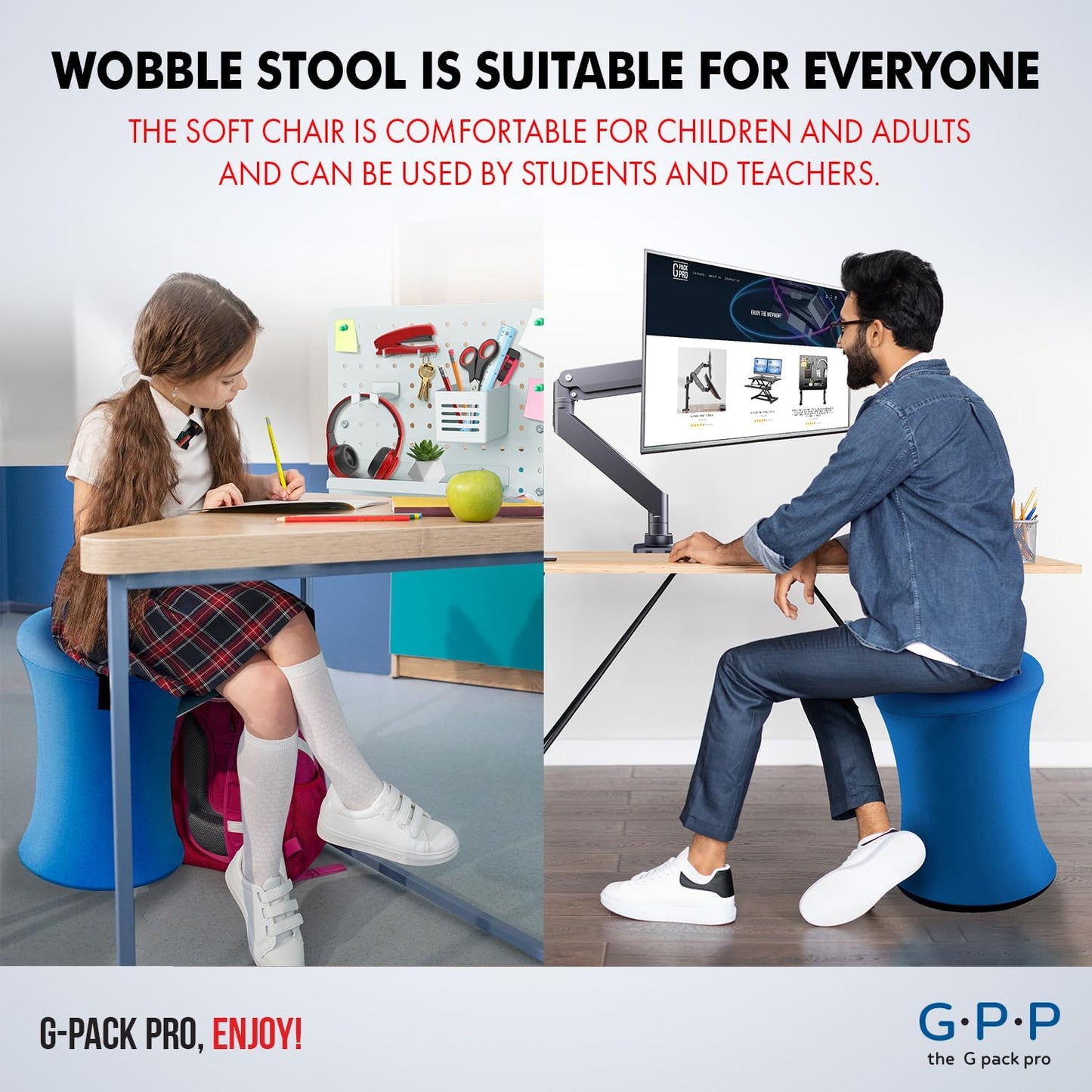 Wobble Stool - Improves Focus Posture - Movable Height Adjustable Stool  Active Sitting Balance - Swivel and Non-Slip Base Adults Kids - Ergonomic