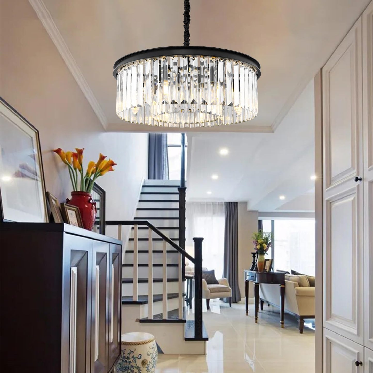 CRYSTOP 2-Tier Black Foyer Chandelier Ceiling Light, Semi Flush Mount Ceiling Pendant Light, Modern Contemporary Crystal Chandeliers for Living Room