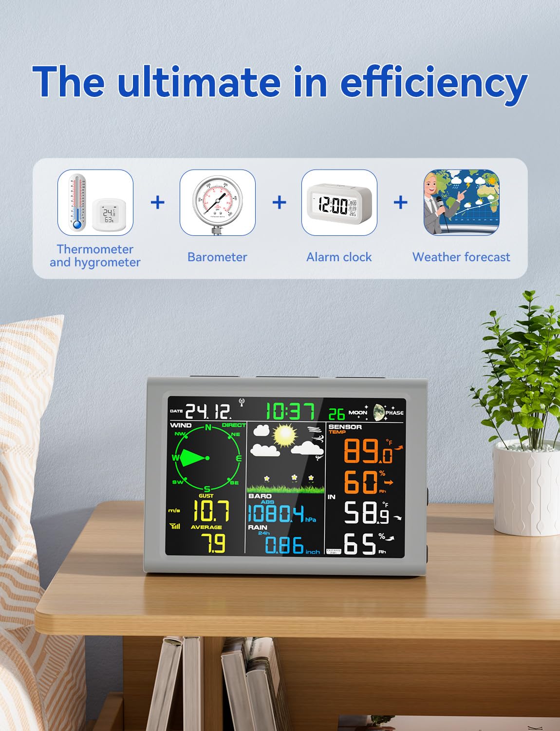 10-in-1 Wireless Weather Station Outdoor Sensor, Rain Gauge, Atomic Clock, Wind Speed/Direction, Indoor Temp/Humidity, Barometer, Forecast.(No WiFi)