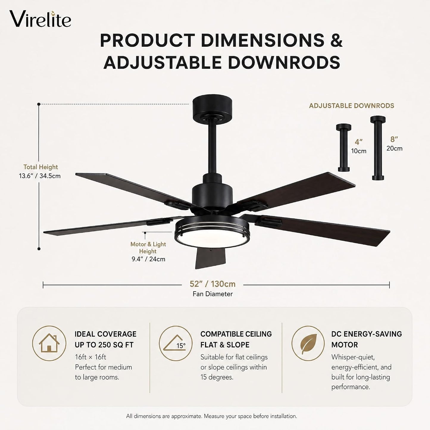 52" Ceiling Fan with Light, Farmhouse DC Motor Ceiling Fan with Remote & APP Control, 6-Speed Reversible, 3CCT Dimmable LED, 5 Walnut Blades for Living Room Bedroom 1
