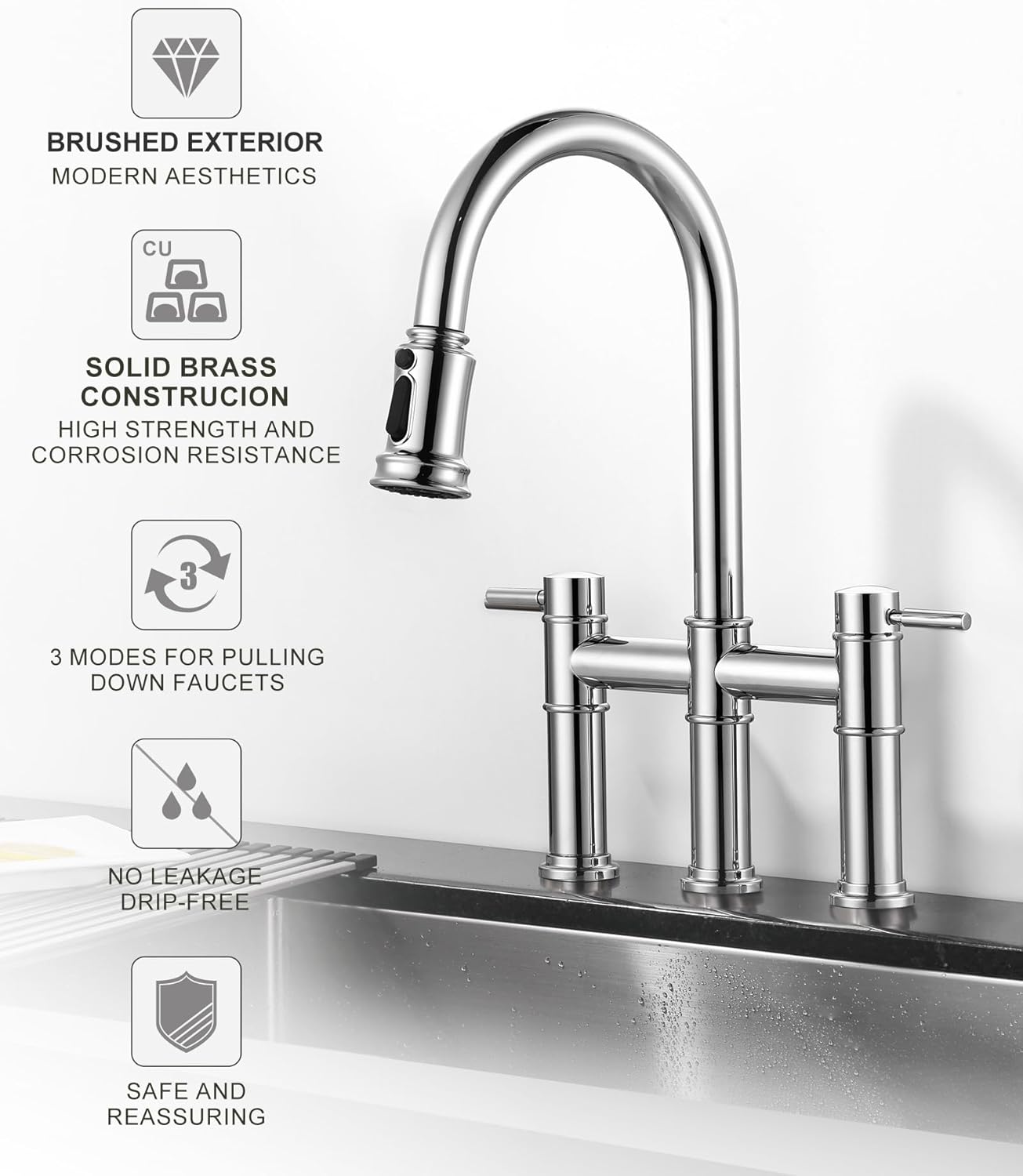 Bridge Kitchen Faucet with Pull Down Sprayer: Chrome Kitchen Sink Faucet 3 Holes 2 Handles with Supply Lines, 8.8 Inch Deck M