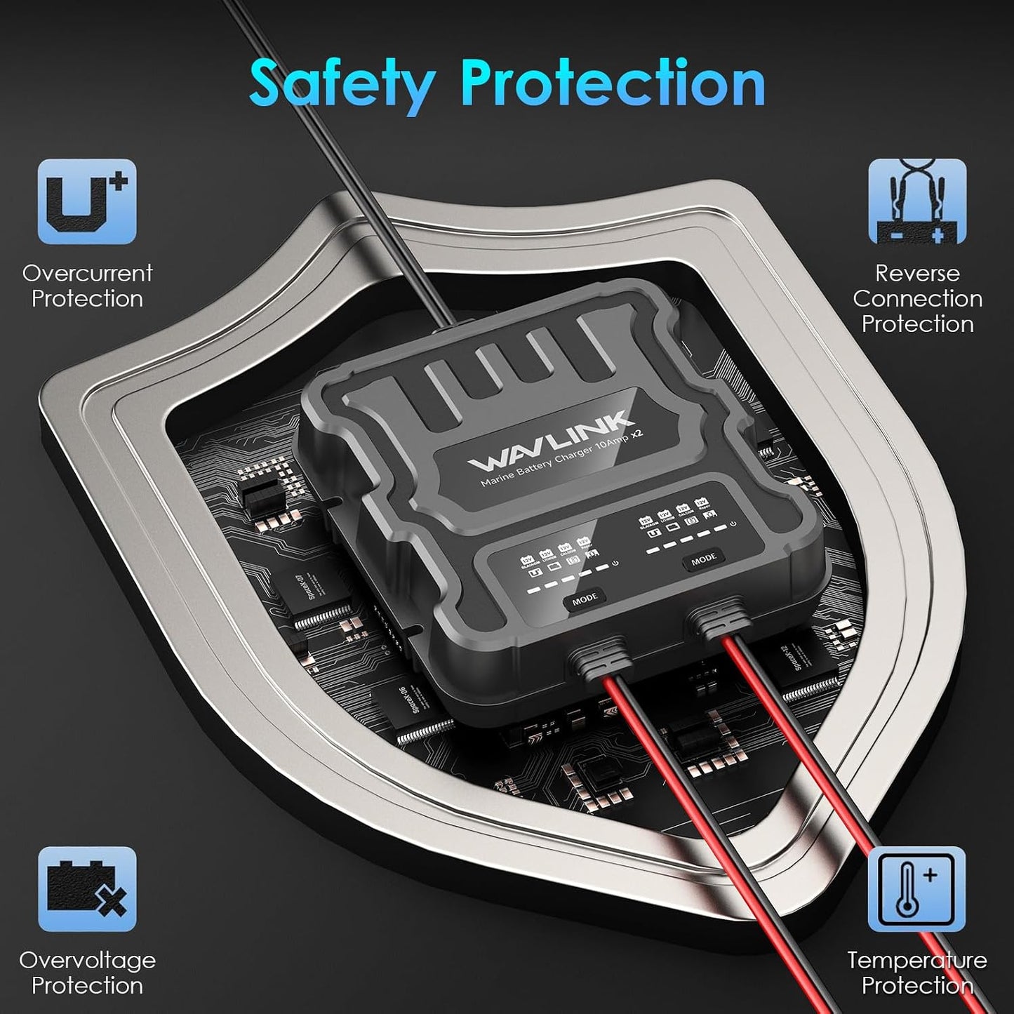 Wavlink 2 Bank 20A Marine Battery Charger 12V IP68 Onboard Battery Charger | 10A Per Bank, Multi-Stage Charging & Desulfating Repair, Multi-Protection, Fits SLA/AGM/LiFePO4/Calcium Batteries