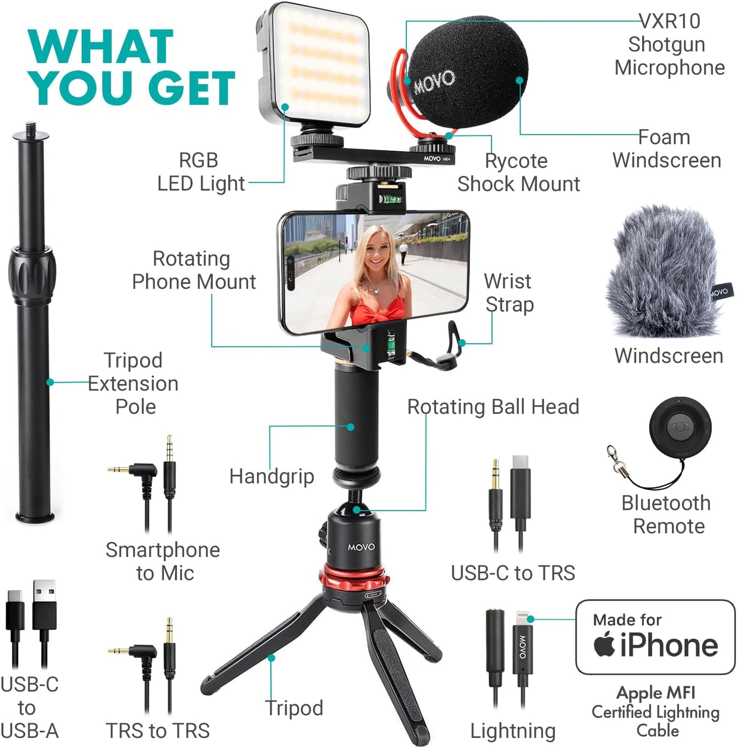 Movo iVlogger-PRO Vlogging Kit for iPhone/Android - YouTube Starter Kit for Content Creators - Accessories: Phone Tripod, Phone Mount, RGB Light and