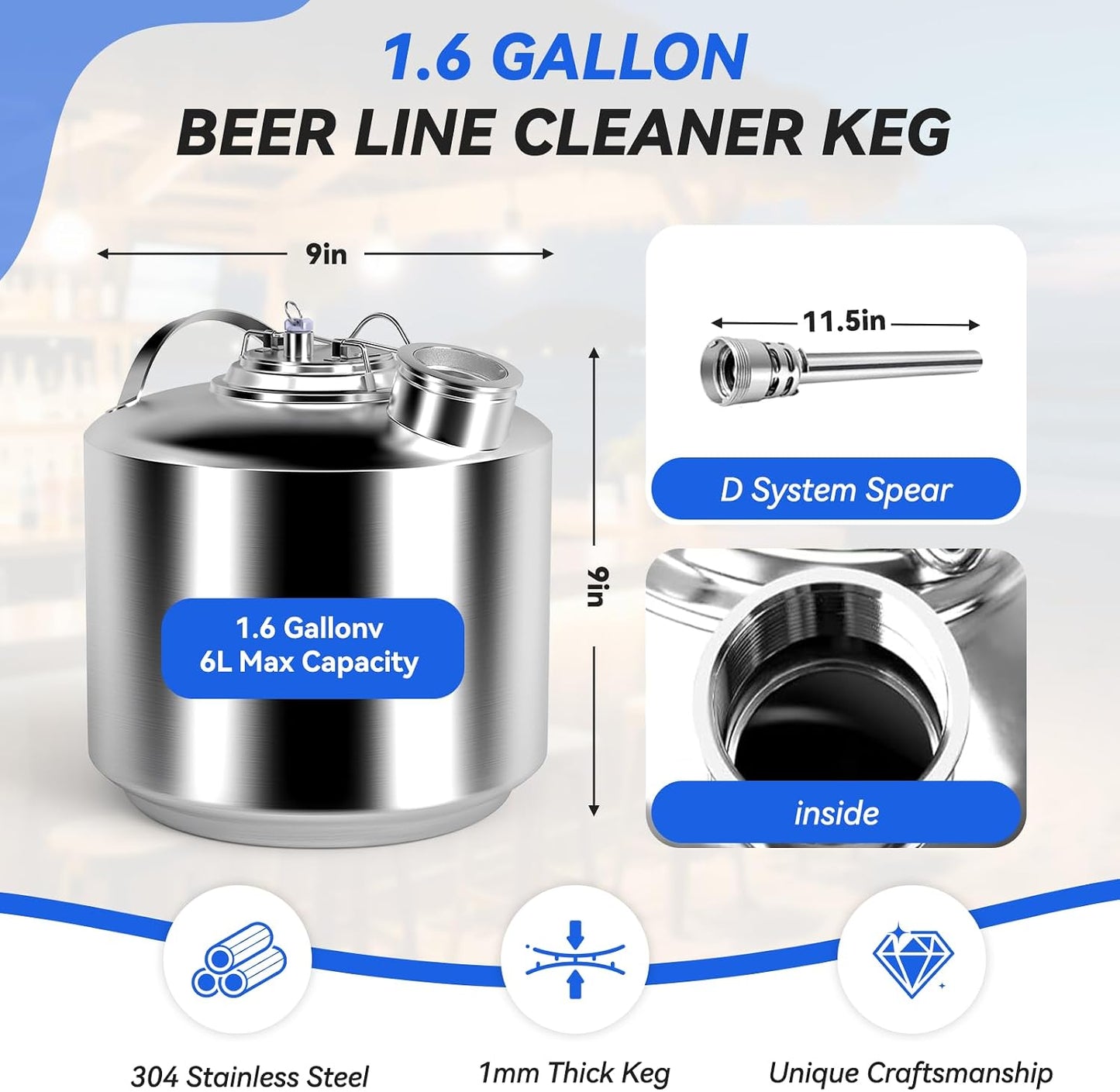 1.6 Gallon / 6 L Kegerator Cleaning Kit, 304 Stainless Steel Beer Line Cleaning Can with a D Couplers and Non-Slip Gloves 1.6 gallon (6L)