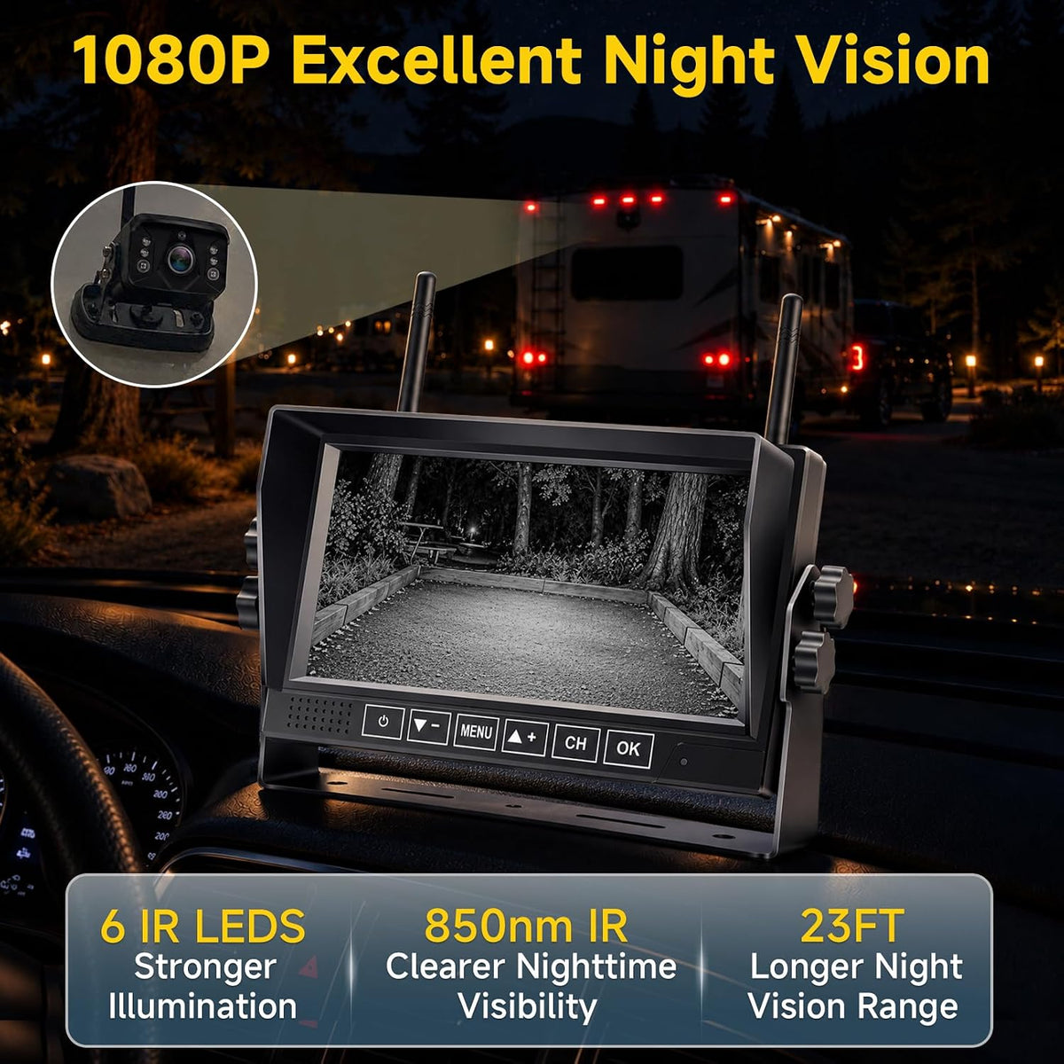 Easy Install 1080P Wireless RV Backup Camera: 7” Plug & Play for RV Trailer