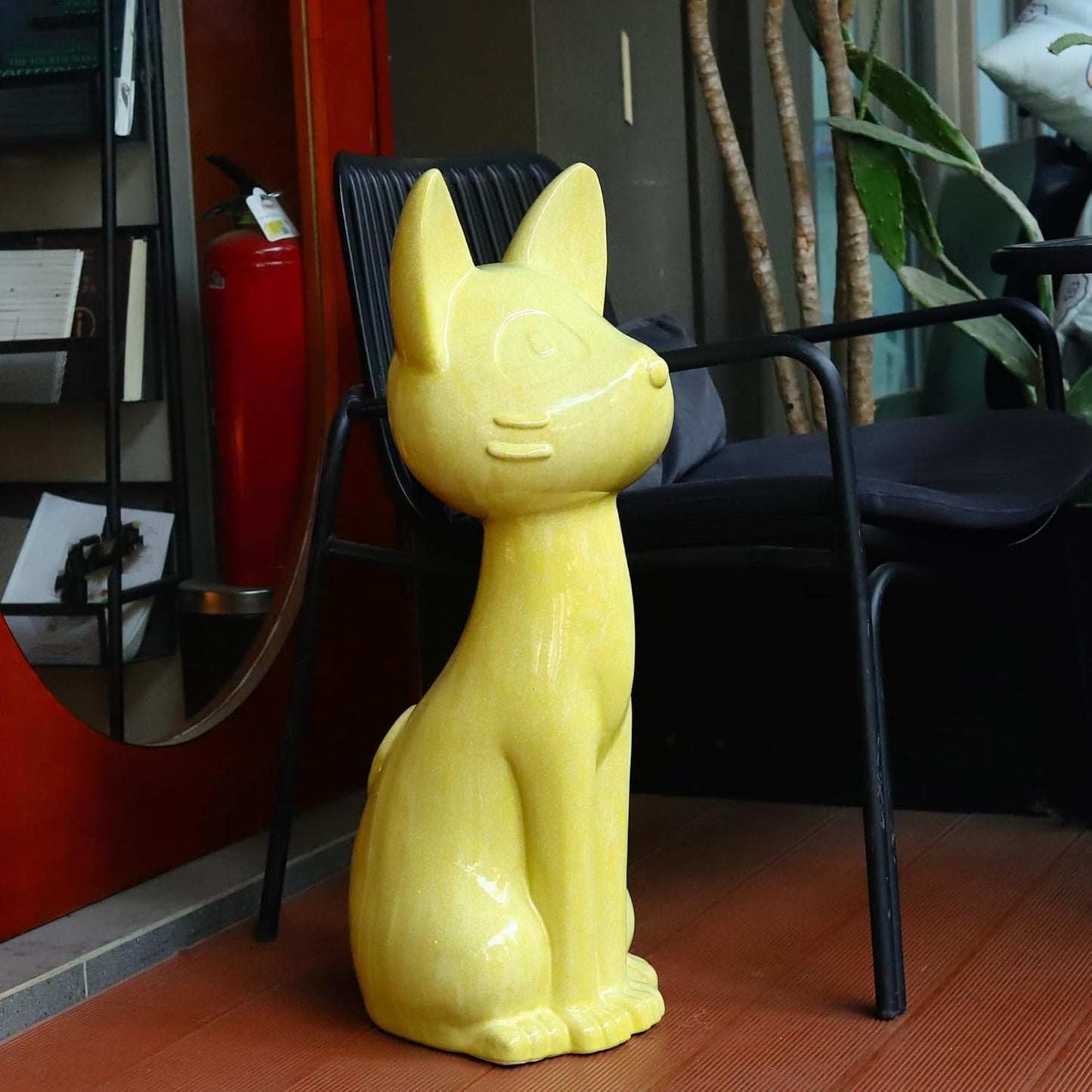 Minimalist Ceramic Sitting Cat Big Size 29' High Lucky Cat Statue Cartoon Style Living Room Animal Kitten Figurine Decoration, Yellow