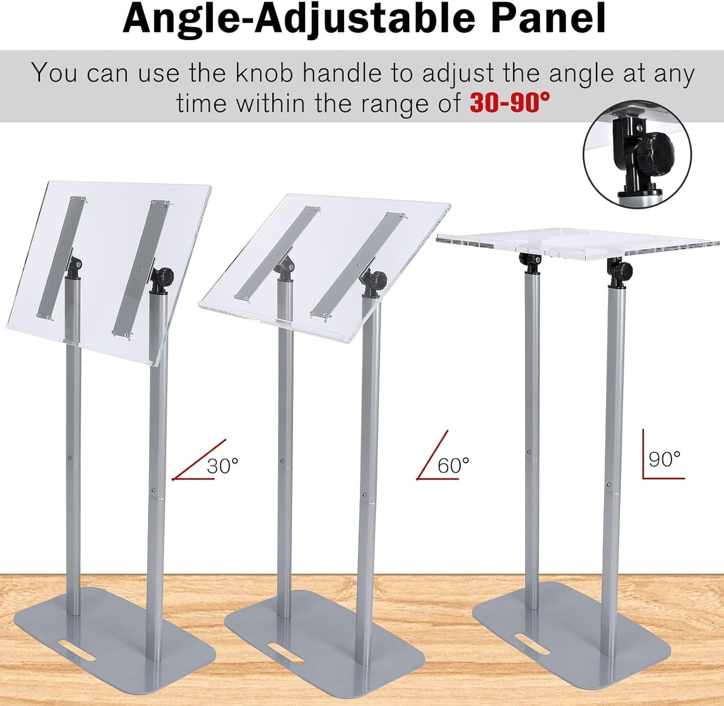 Kigley Acrylic Podium Stand Clear Podium Lectern 43.3&#39;&#39; Tall Floor Standing Speaking Podium with Adjustable Angle 30-90 Slanted Top Silver