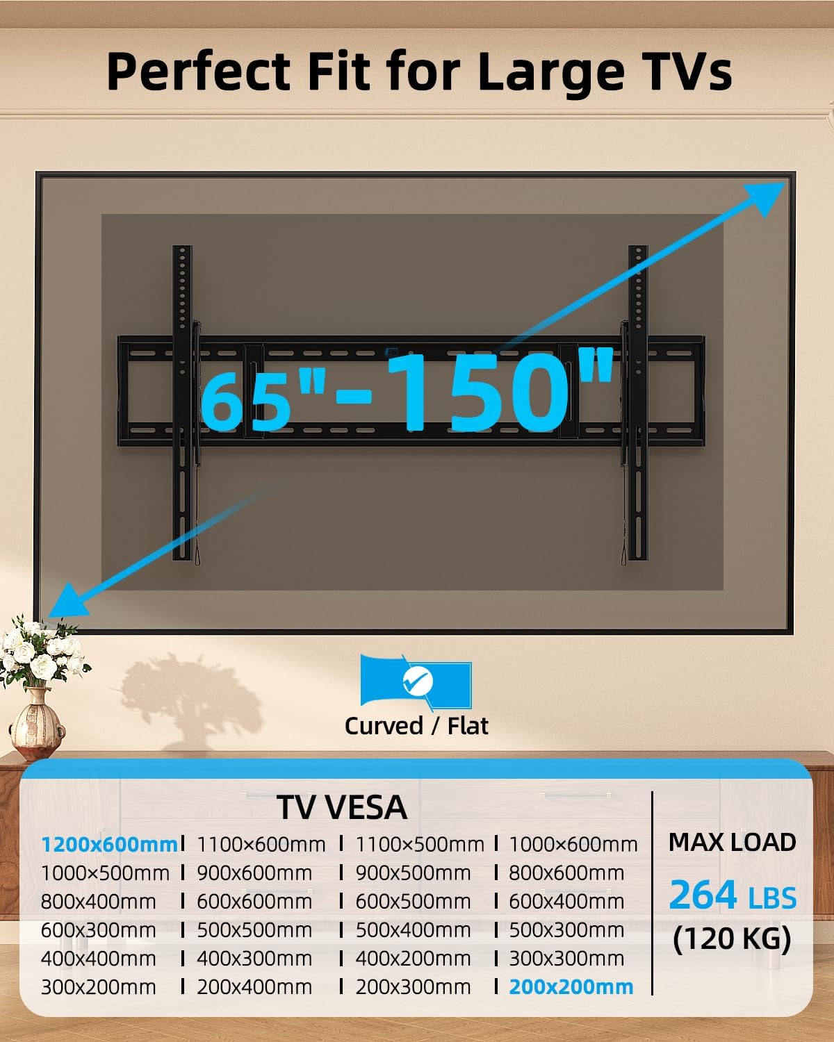 HOME VISION Heavy Duty Tilting TV Wall Mount for 65-150 Inch Flat & Curved TVs, 264lbs Load Capacity, 2.44" Low Profile Wall Mount TV Bracket, Max VESA 1200×600mm, Fits 16/18/24/48 Inch Wood Studs